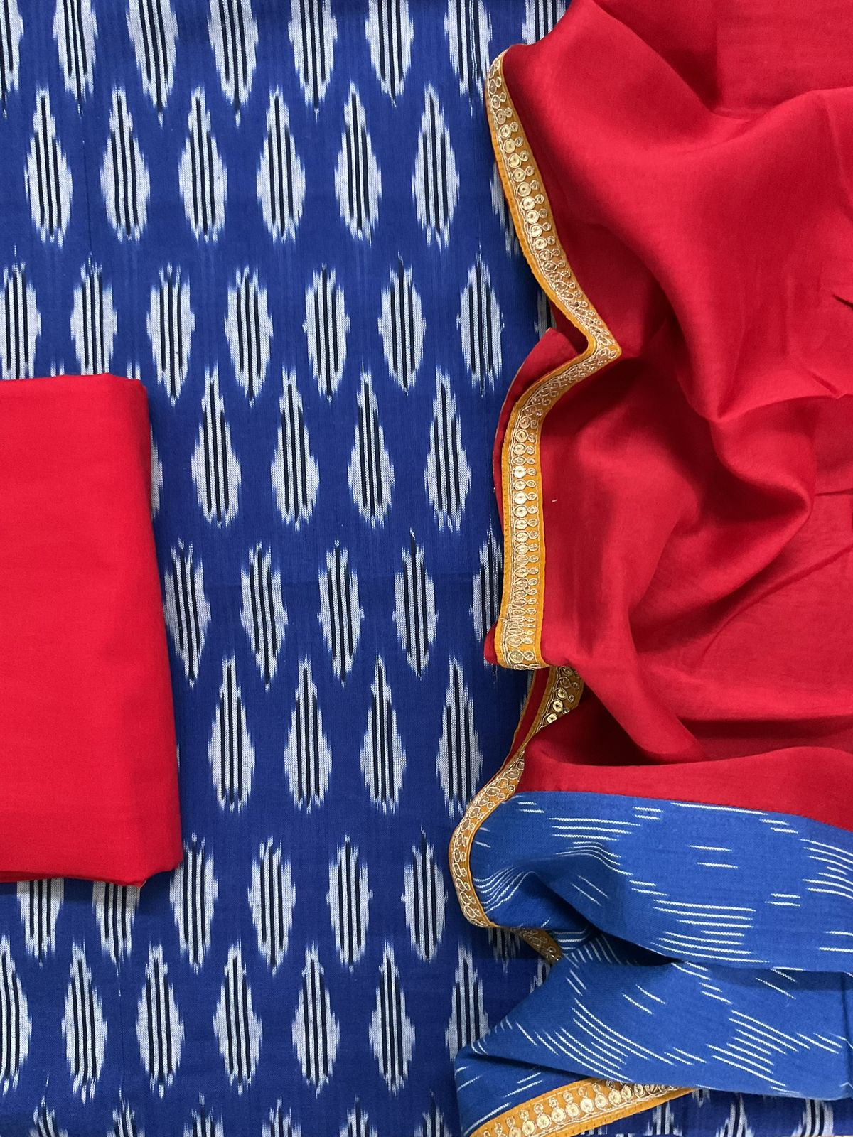 Pure Ikkat Cotton Embroidered Suit - Blue