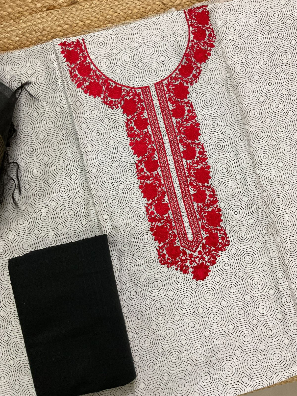 Pure Chanderi Printed Embroidered Suit - Greyish White