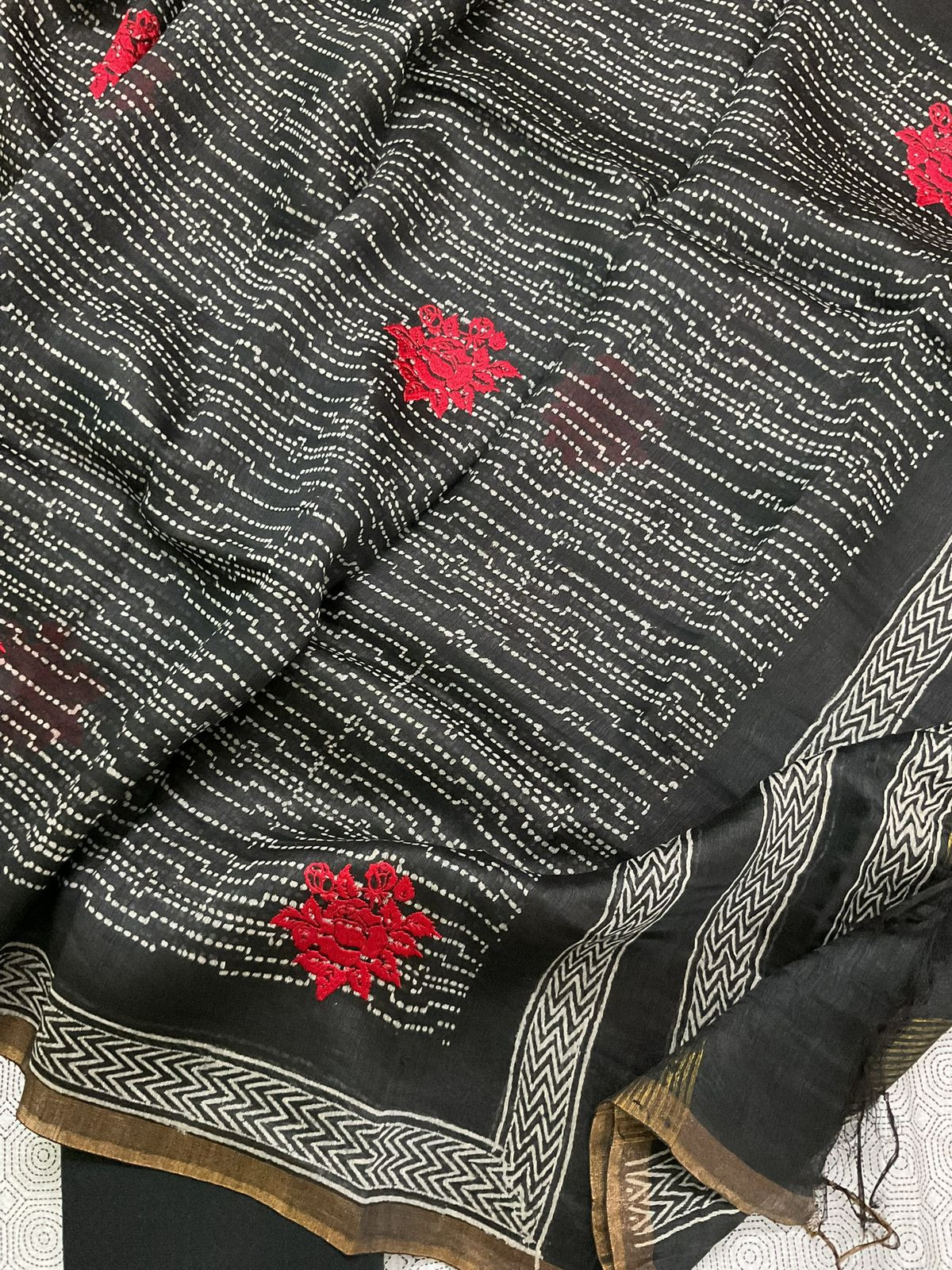 Pure Chanderi Printed Embroidered Suit - Greyish White