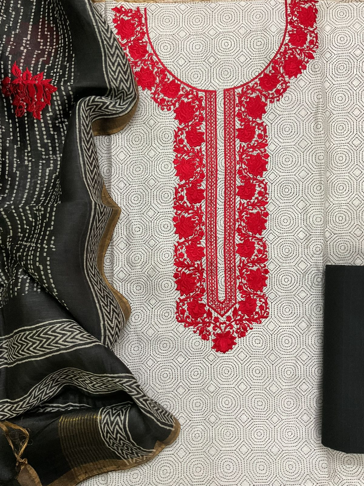 Pure Chanderi Printed Embroidered Suit - Greyish White