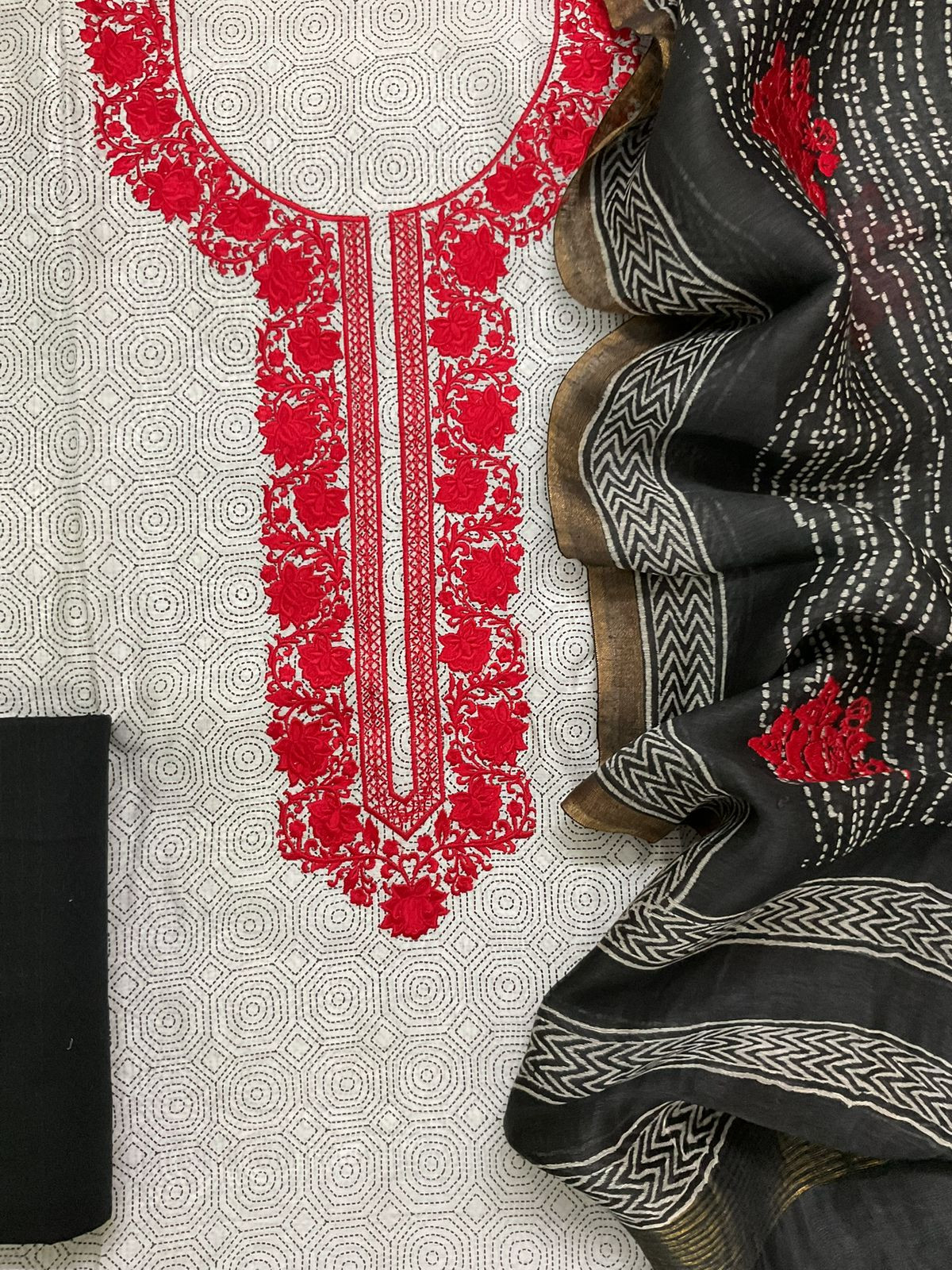 Pure Chanderi Printed Embroidered Suit - Greyish White