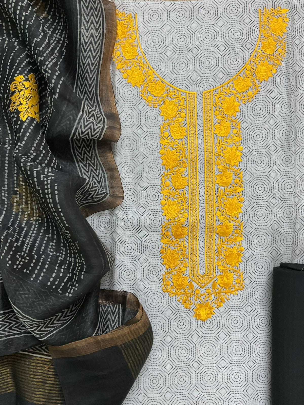 Pure Chanderi Printed Embroidered Suit - Greyish White