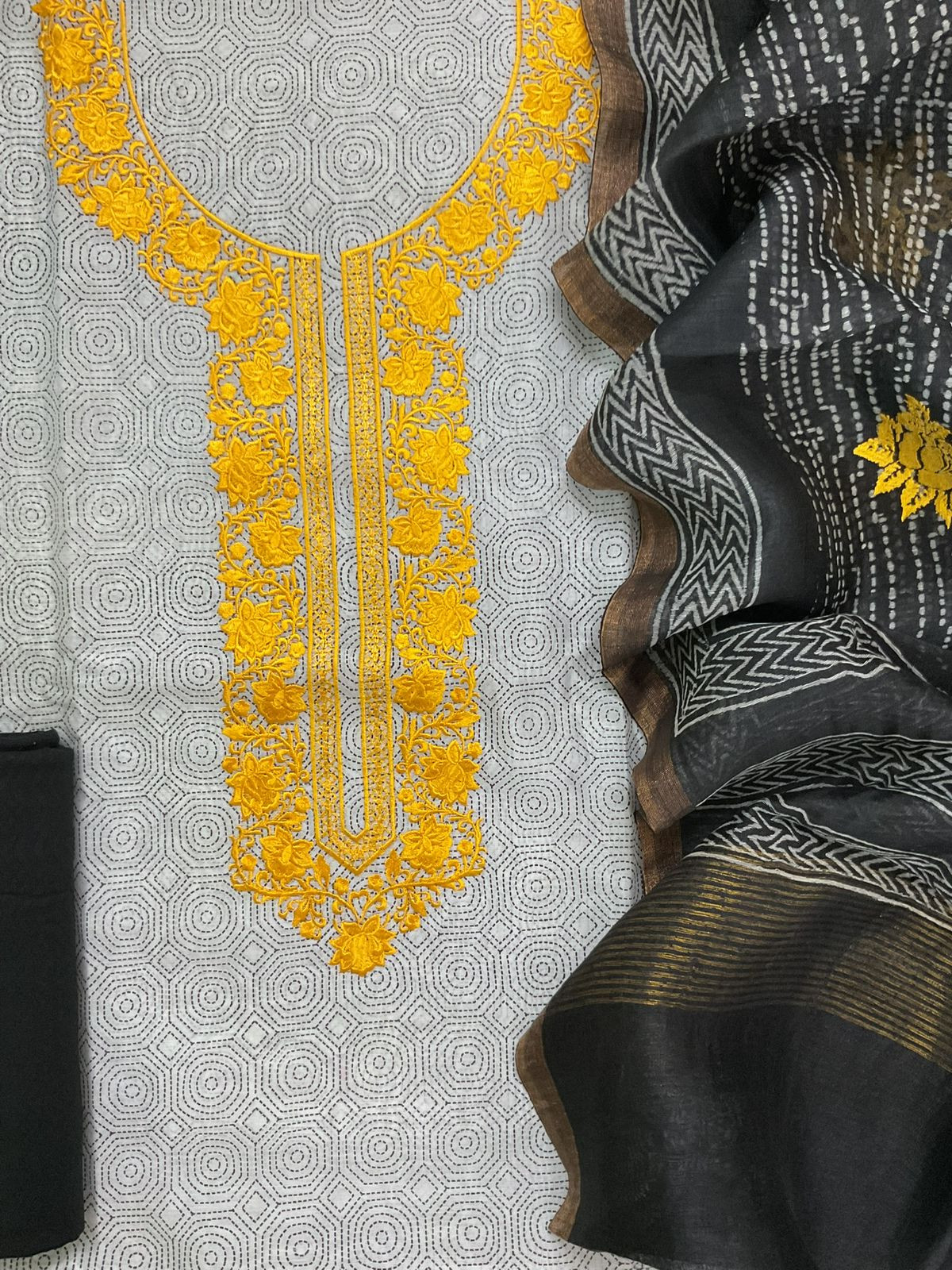 Pure Chanderi Printed Embroidered Suit - Greyish White