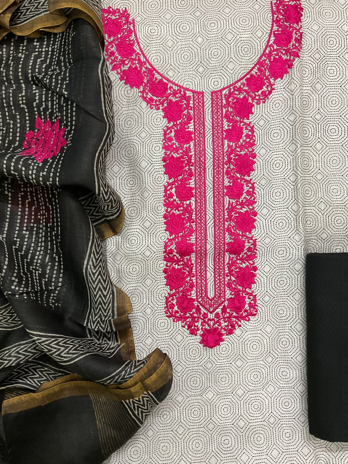 Pure Chanderi Printed Embroidered Suit - Greyish White