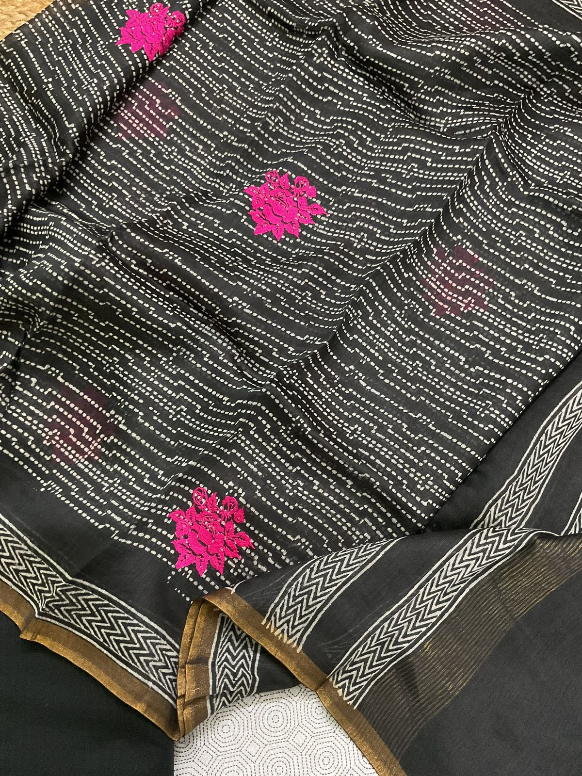 Pure Chanderi Printed Embroidered Suit - Greyish White