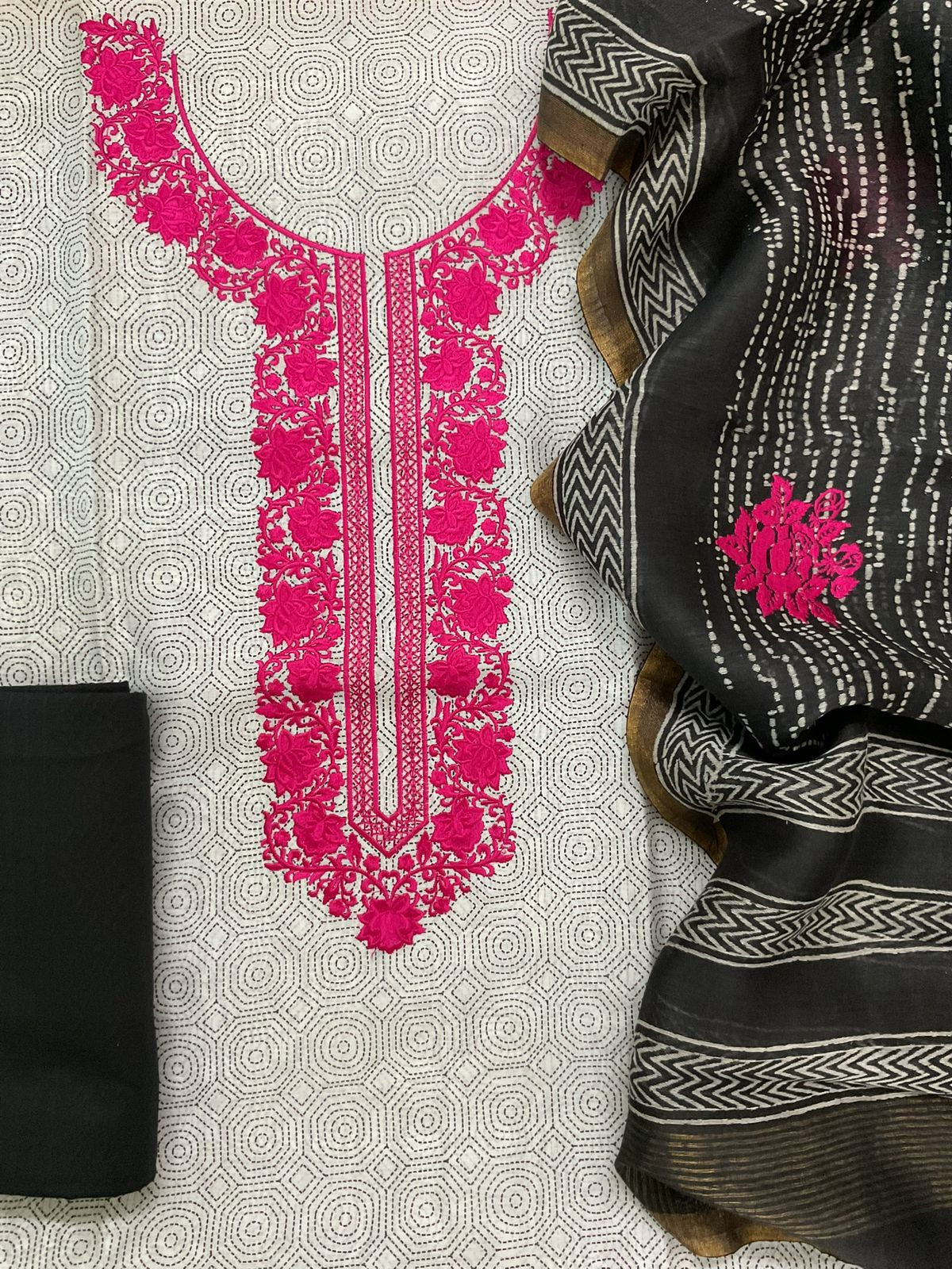 Pure Chanderi Printed Embroidered Suit - Greyish White