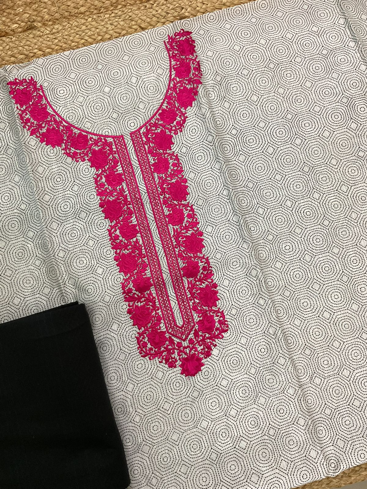 Pure Chanderi Printed Embroidered Suit - Greyish White