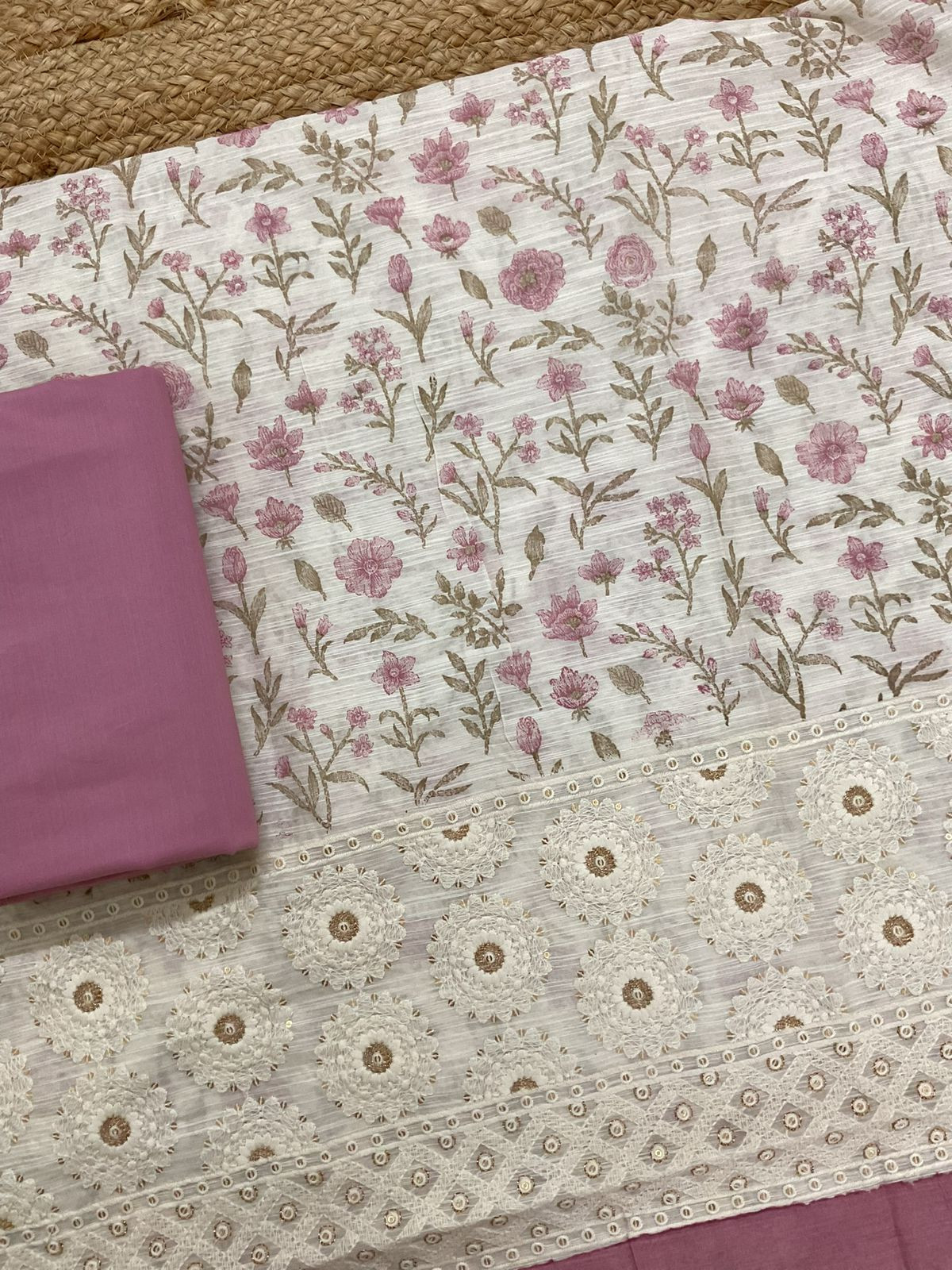 Soft Slub Chanderi Printed Embroidered Suit - Off White