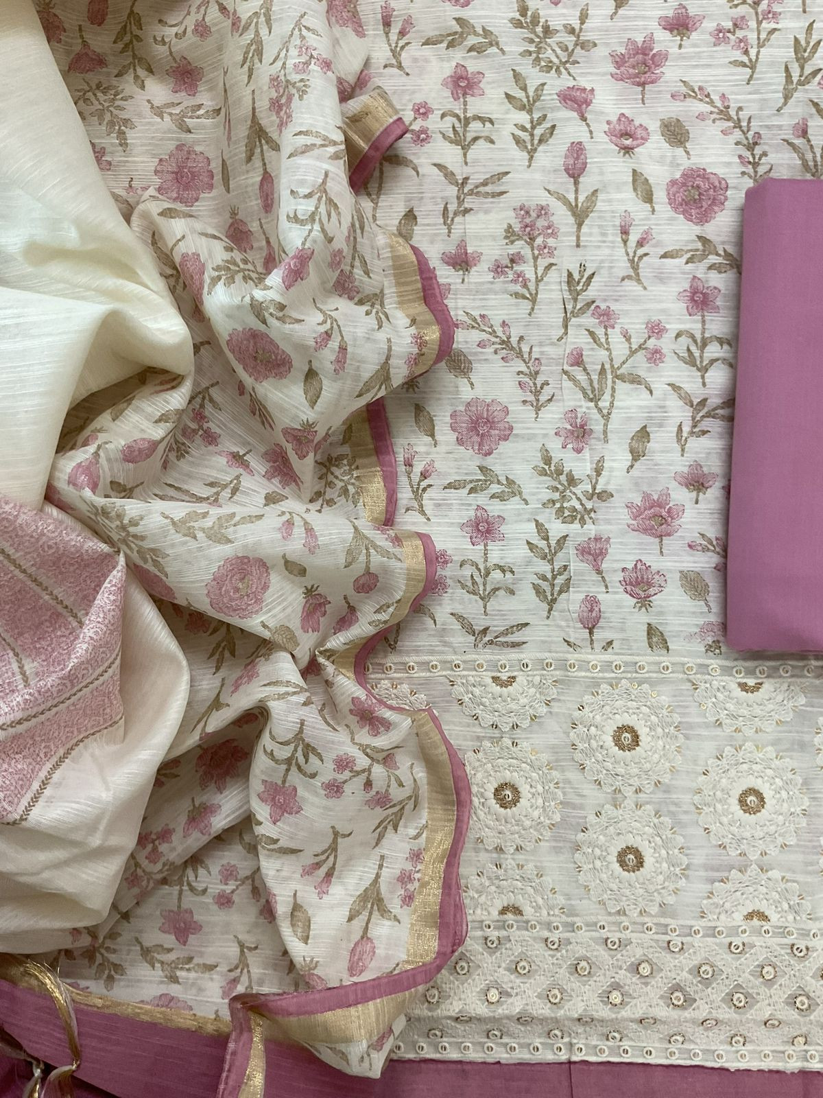 Soft Slub Chanderi Printed Embroidered Suit - Off White