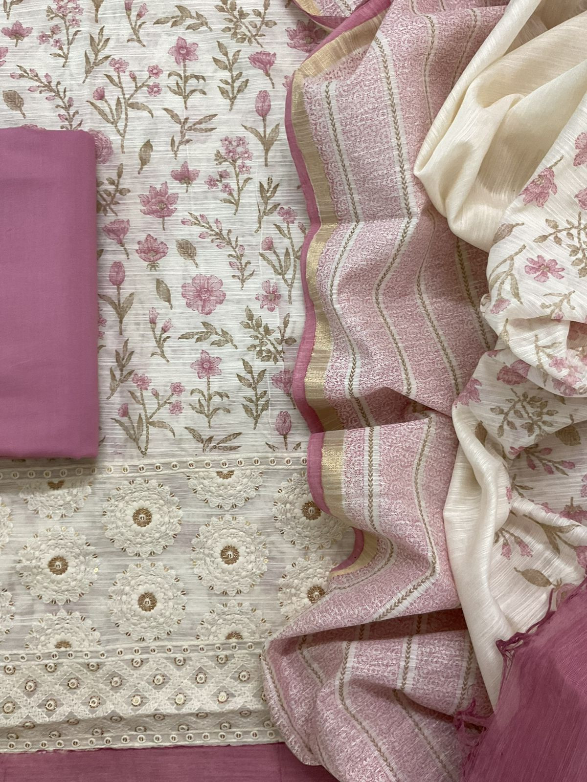 Soft Slub Chanderi Printed Embroidered Suit - Off White
