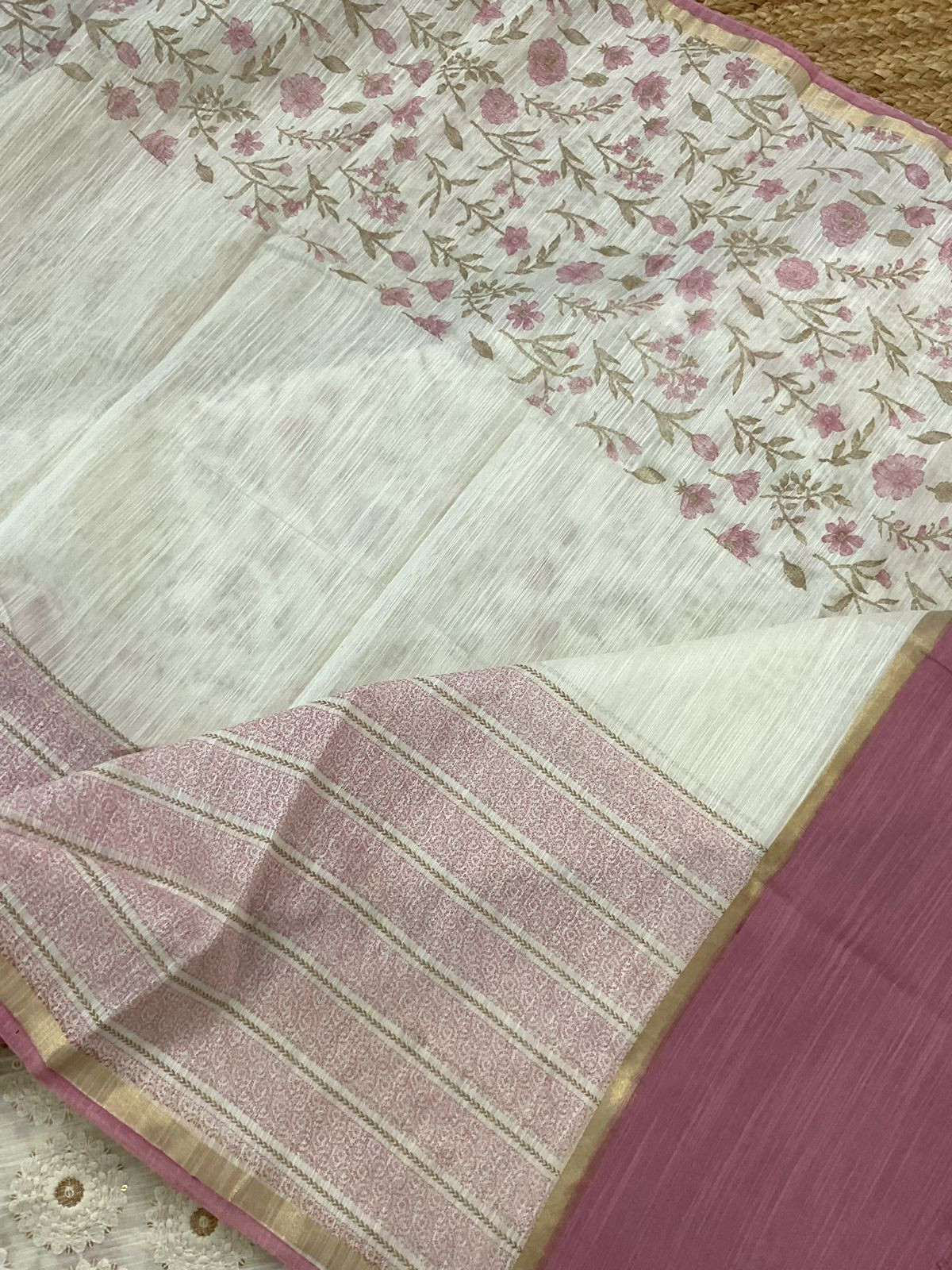 Soft Slub Chanderi Printed Embroidered Suit - Off White