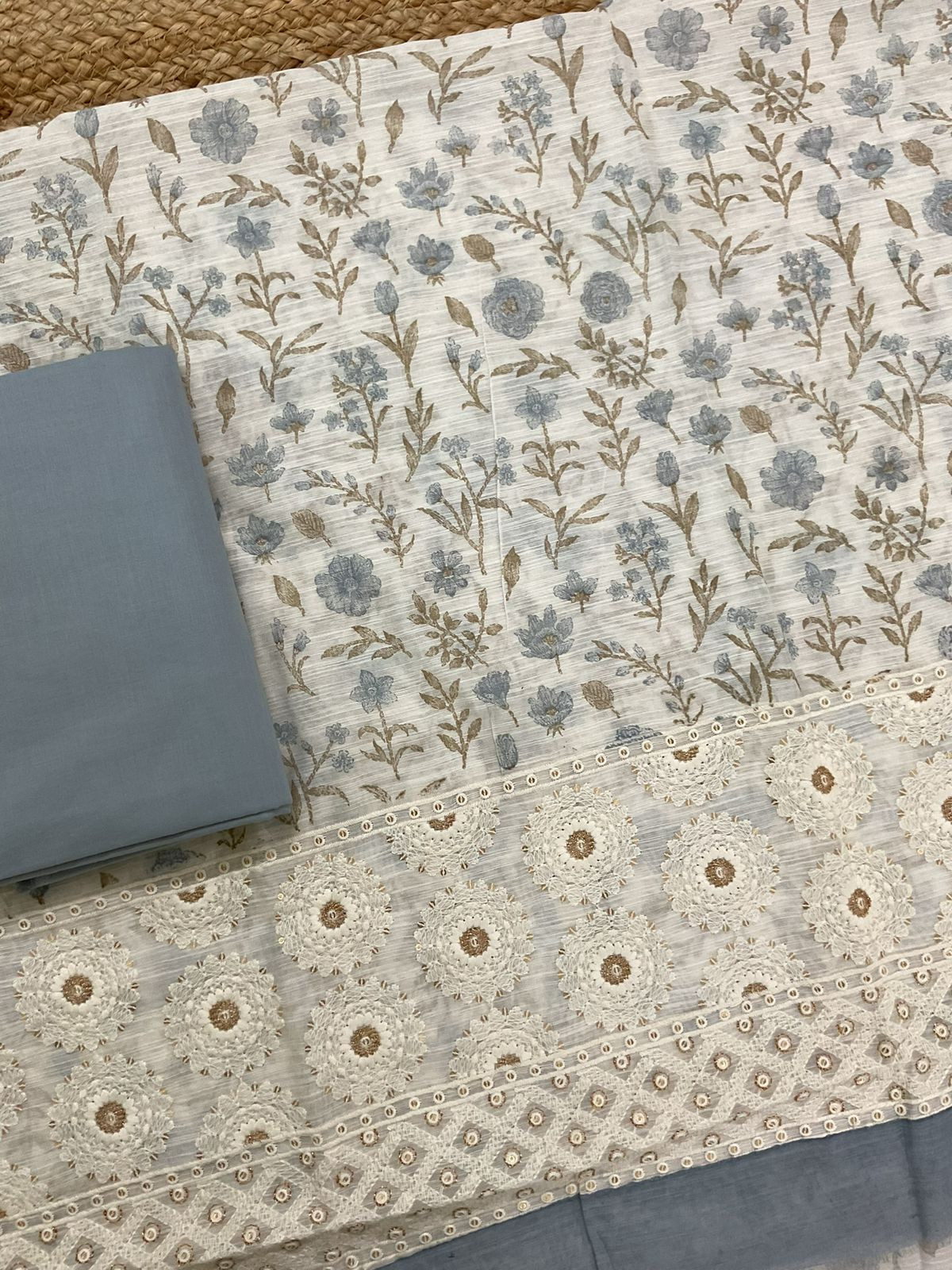 Soft Slub Chanderi Printed Embroidered Suit - Off White