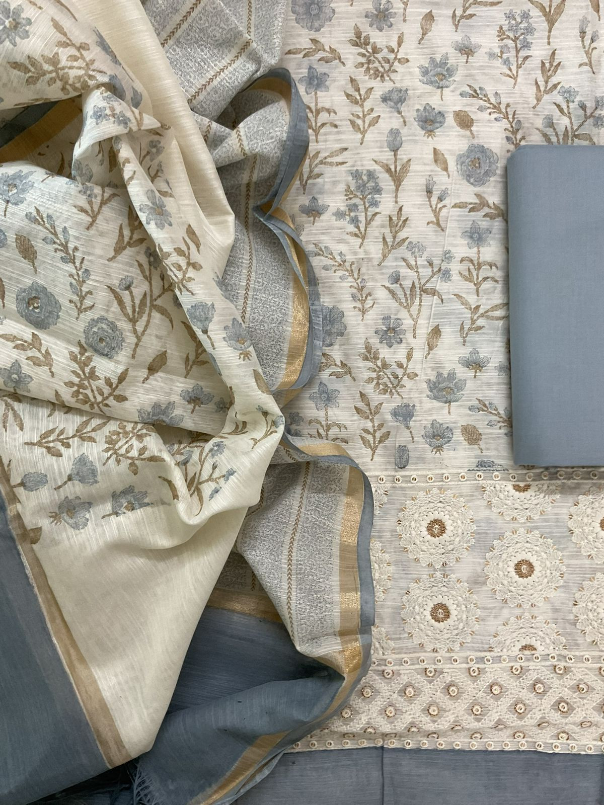Soft Slub Chanderi Printed Embroidered Suit - Off White