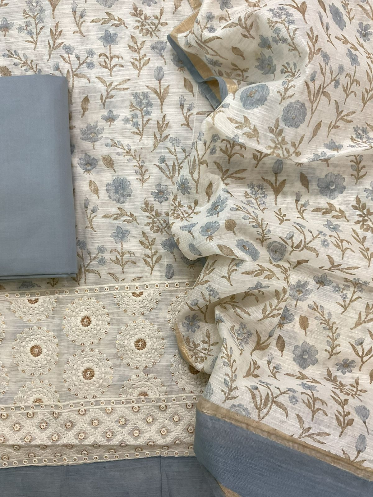 Soft Slub Chanderi Printed Embroidered Suit - Off White