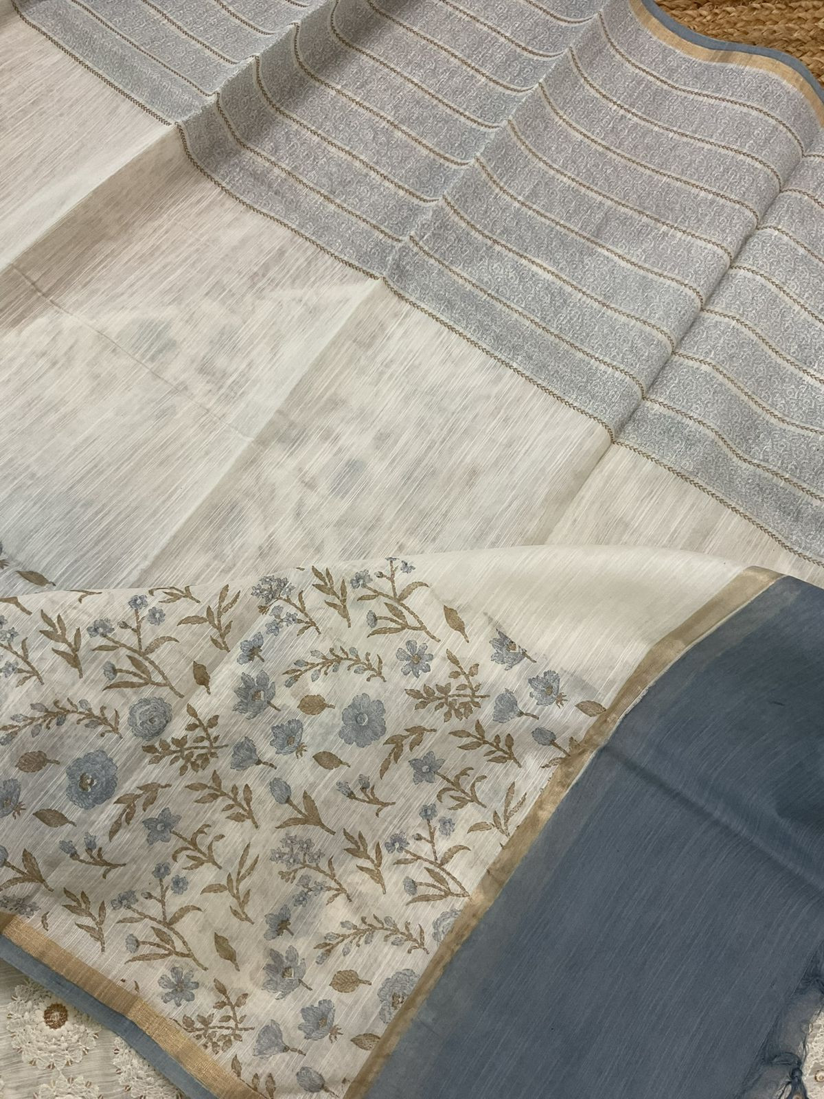 Soft Slub Chanderi Printed Embroidered Suit - Off White