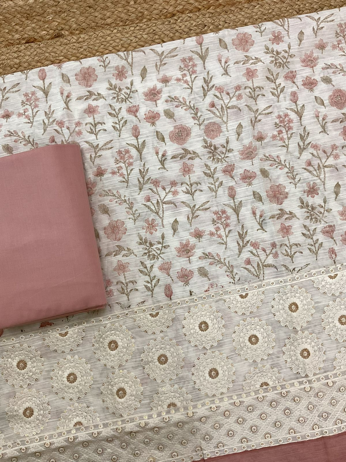 Soft Slub Chanderi Printed Embroidered Suit - Off White