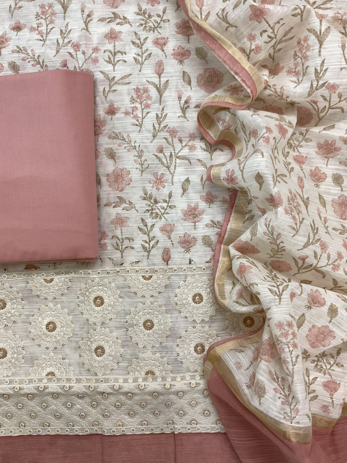 Soft Slub Chanderi Printed Embroidered Suit - Off White