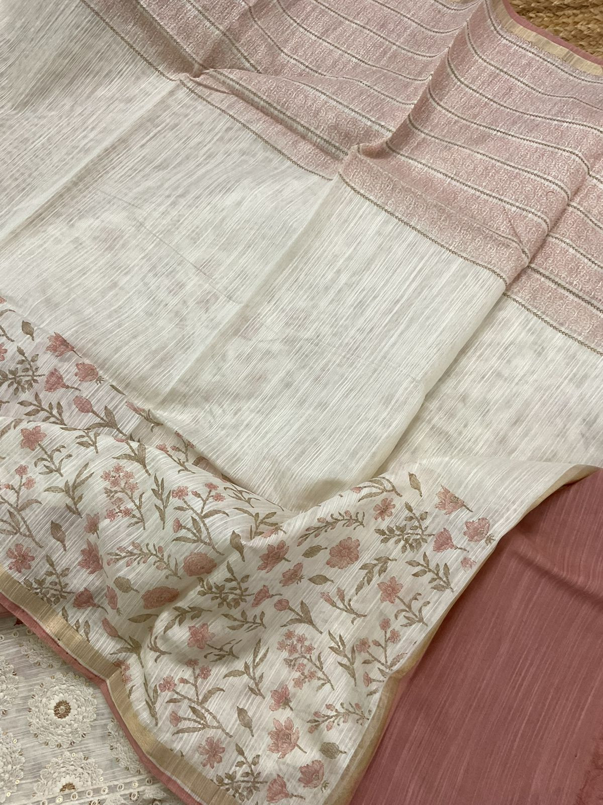 Soft Slub Chanderi Printed Embroidered Suit - Off White