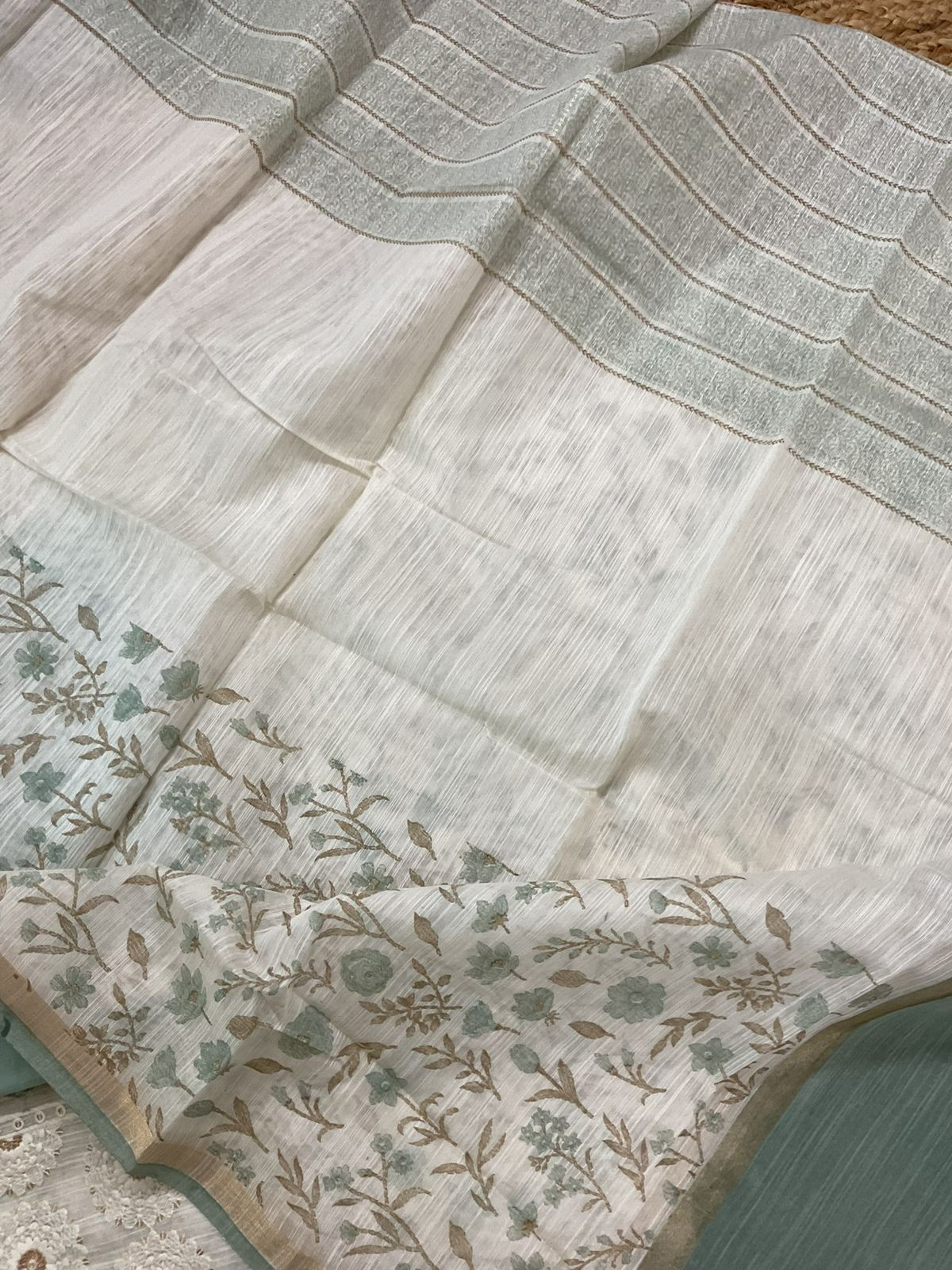 Soft Slub Chanderi Printed Embroidered Suit - Off White