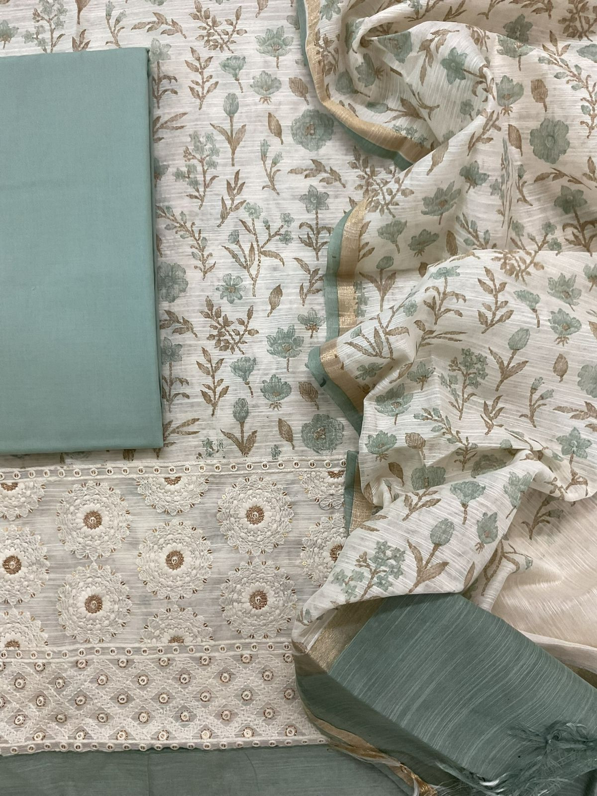 Soft Slub Chanderi Printed Embroidered Suit - Off White