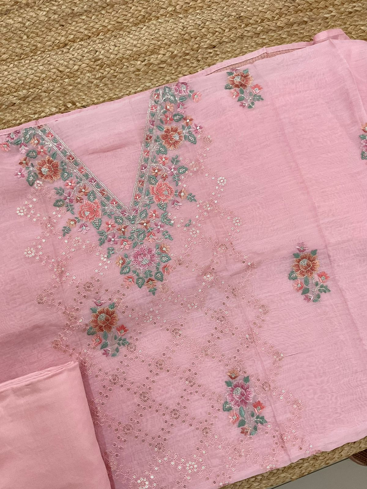 Pure Mul Chanderi Embroidered Suit - Pink