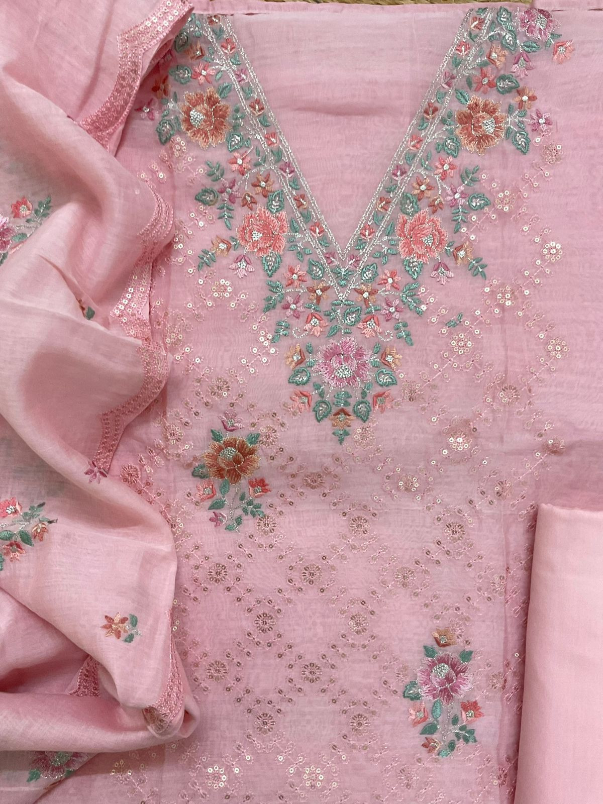 Pure Mul Chanderi Embroidered Suit - Pink