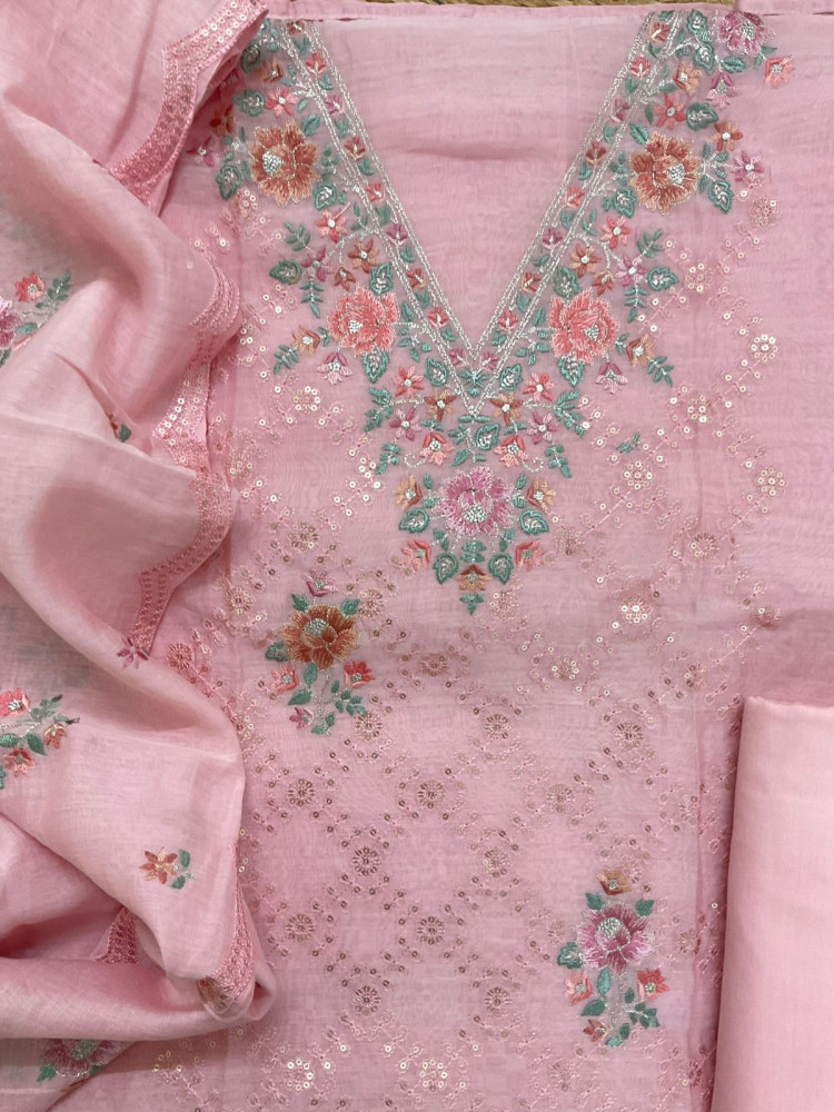 Image of Pure Mul Chanderi Embroidered Suit - Pink