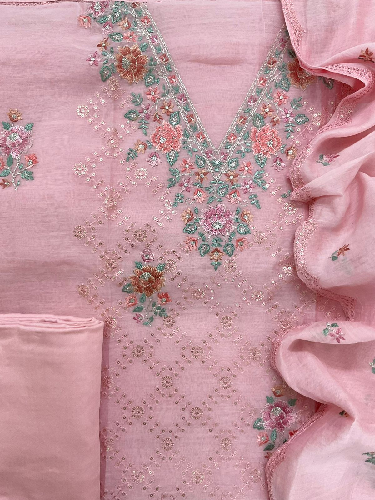 Pure Mul Chanderi Embroidered Suit - Pink