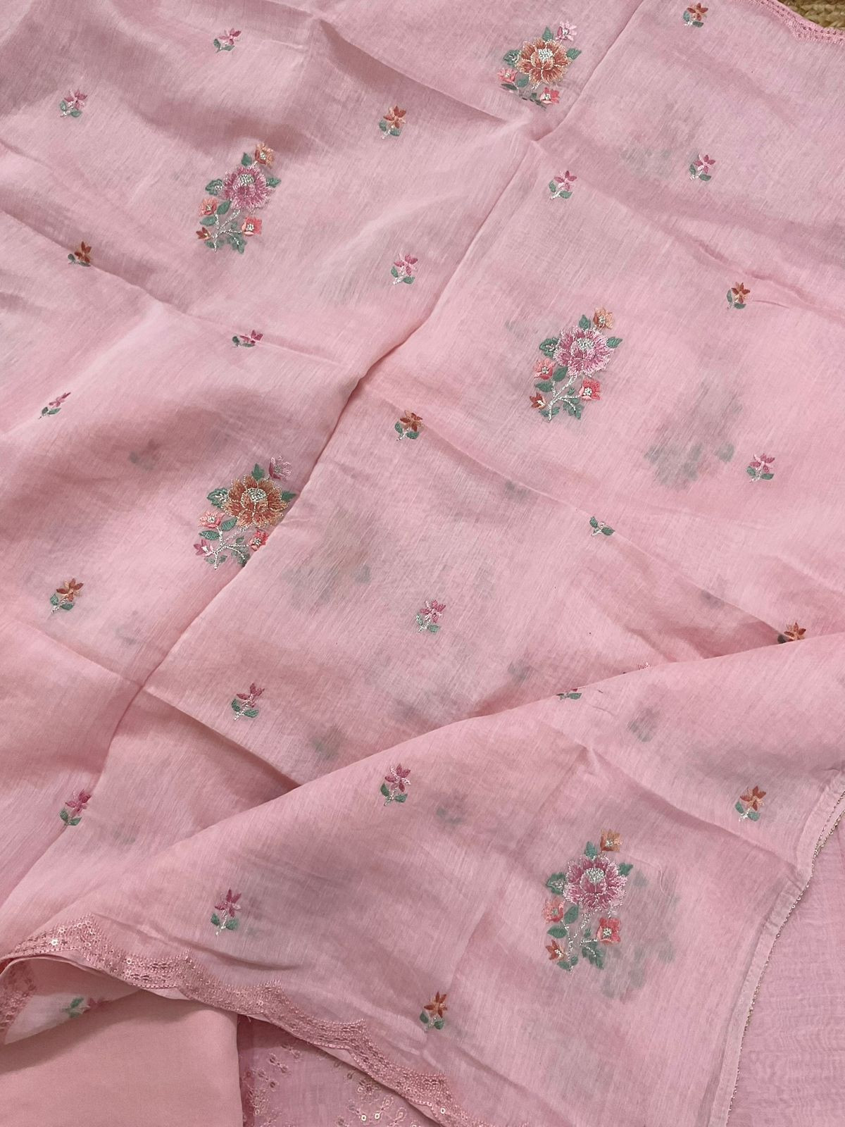 Pure Mul Chanderi Embroidered Suit - Pink
