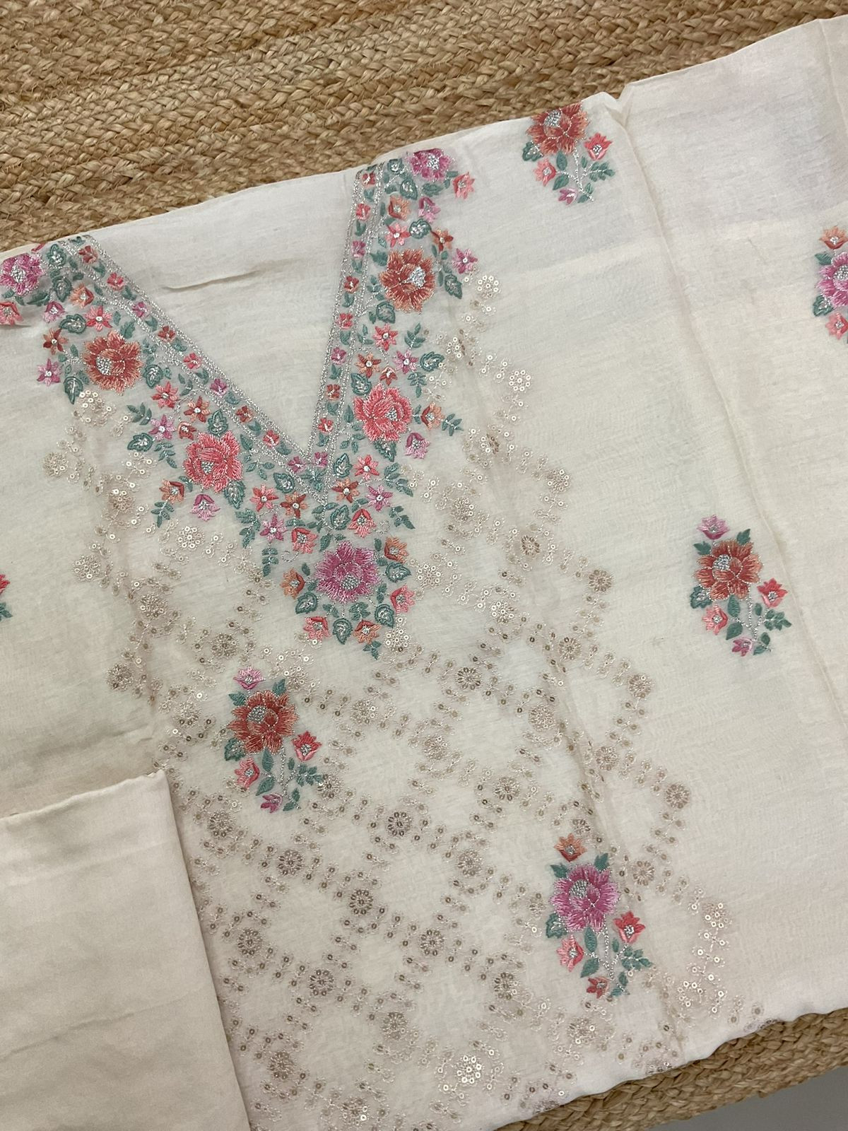 Pure Mul Chanderi Embroidered Suit - Cream
