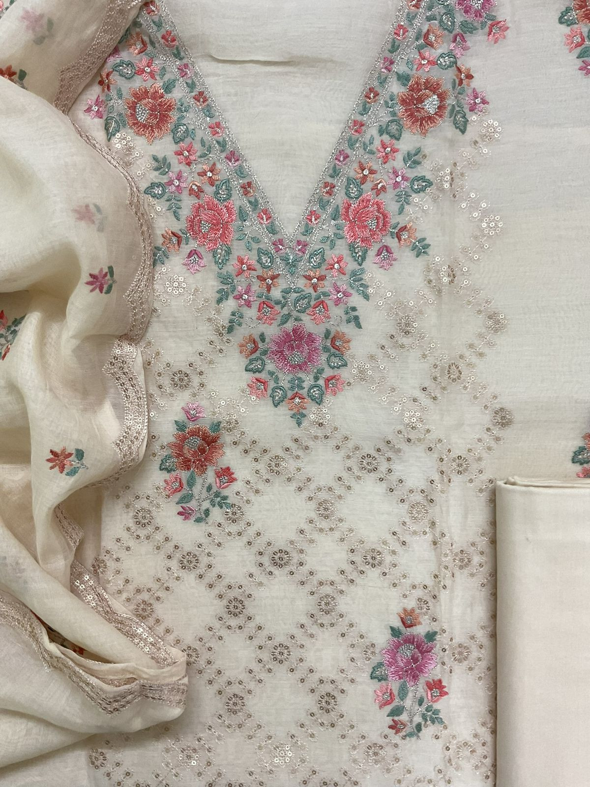 Pure Mul Chanderi Embroidered Suit - Cream