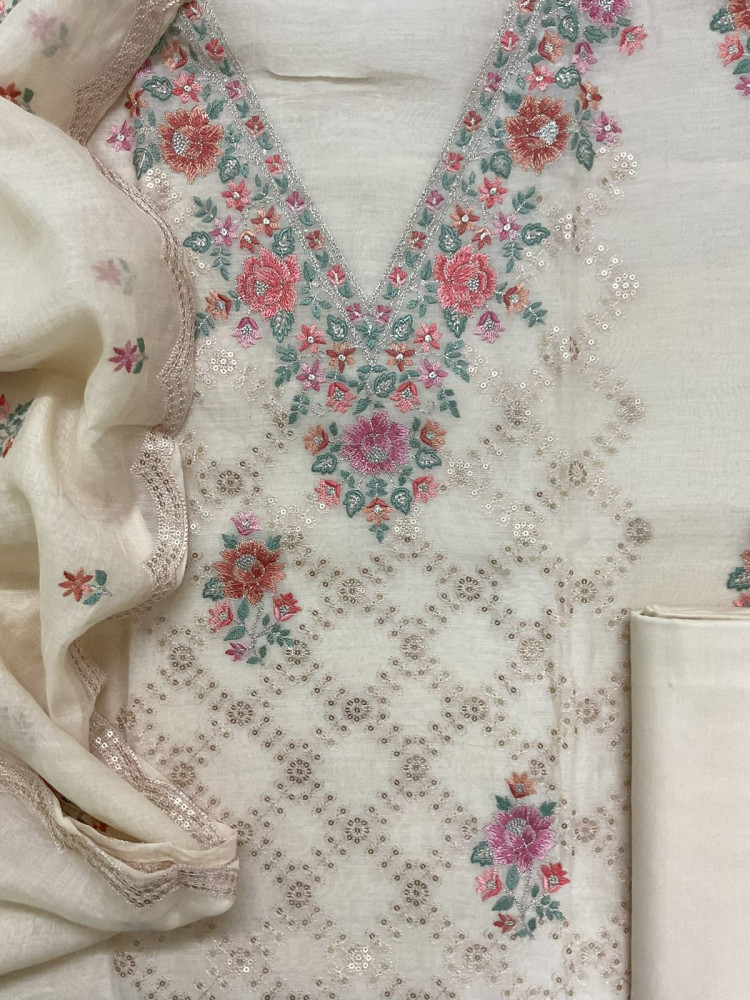 Image of Pure Mul Chanderi Embroidered Suit - Cream