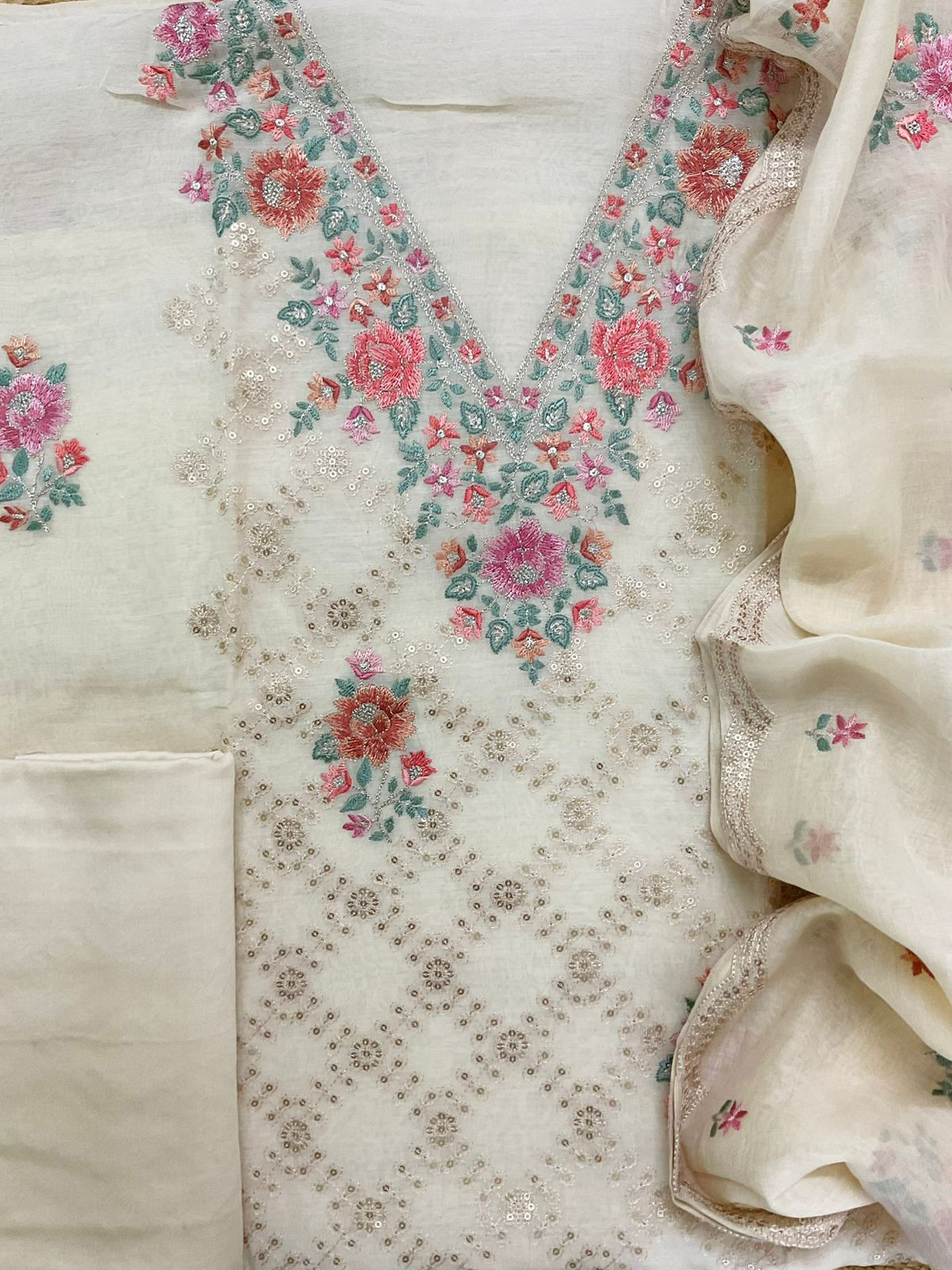 Pure Mul Chanderi Embroidered Suit - Cream