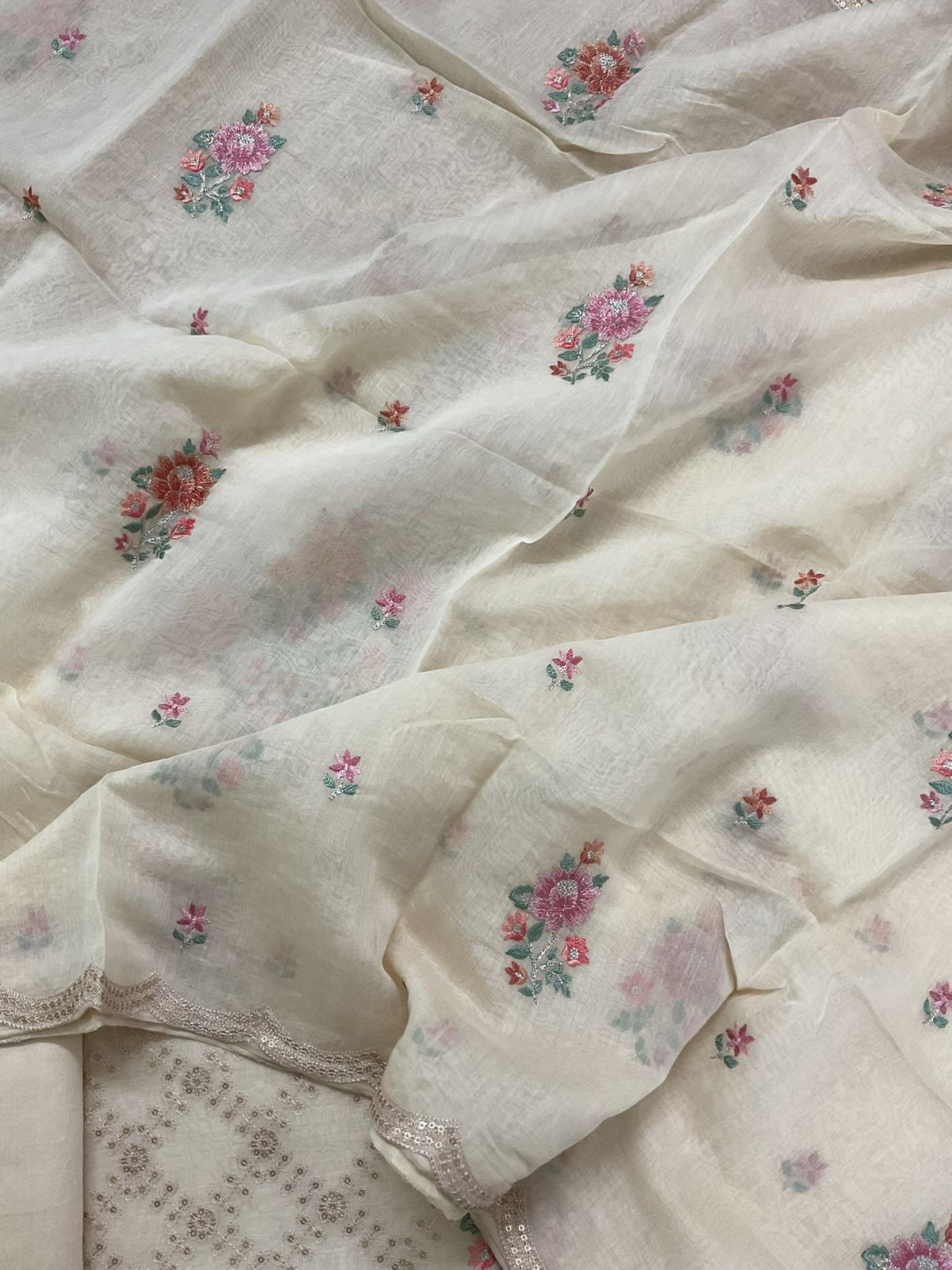 Pure Mul Chanderi Embroidered Suit - Cream