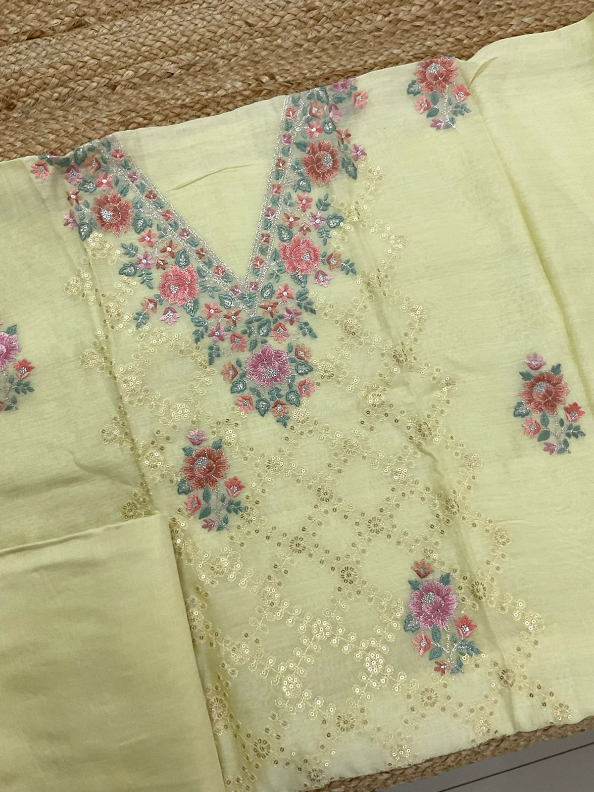 Pure Mul Chanderi Embroidered Suit - Yellow