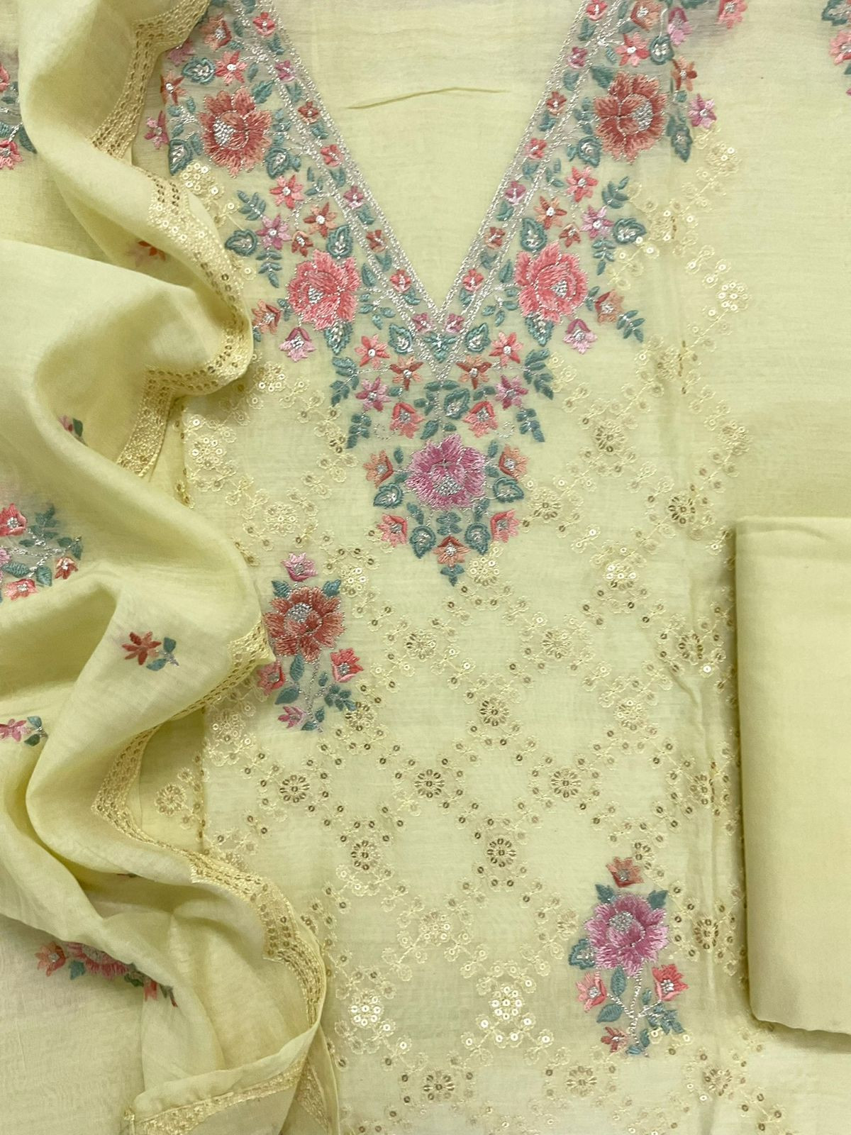 Pure Mul Chanderi Embroidered Suit - Yellow