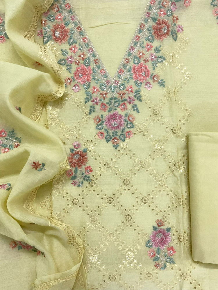 Image of Pure Mul Chanderi Embroidered Suit - Yellow