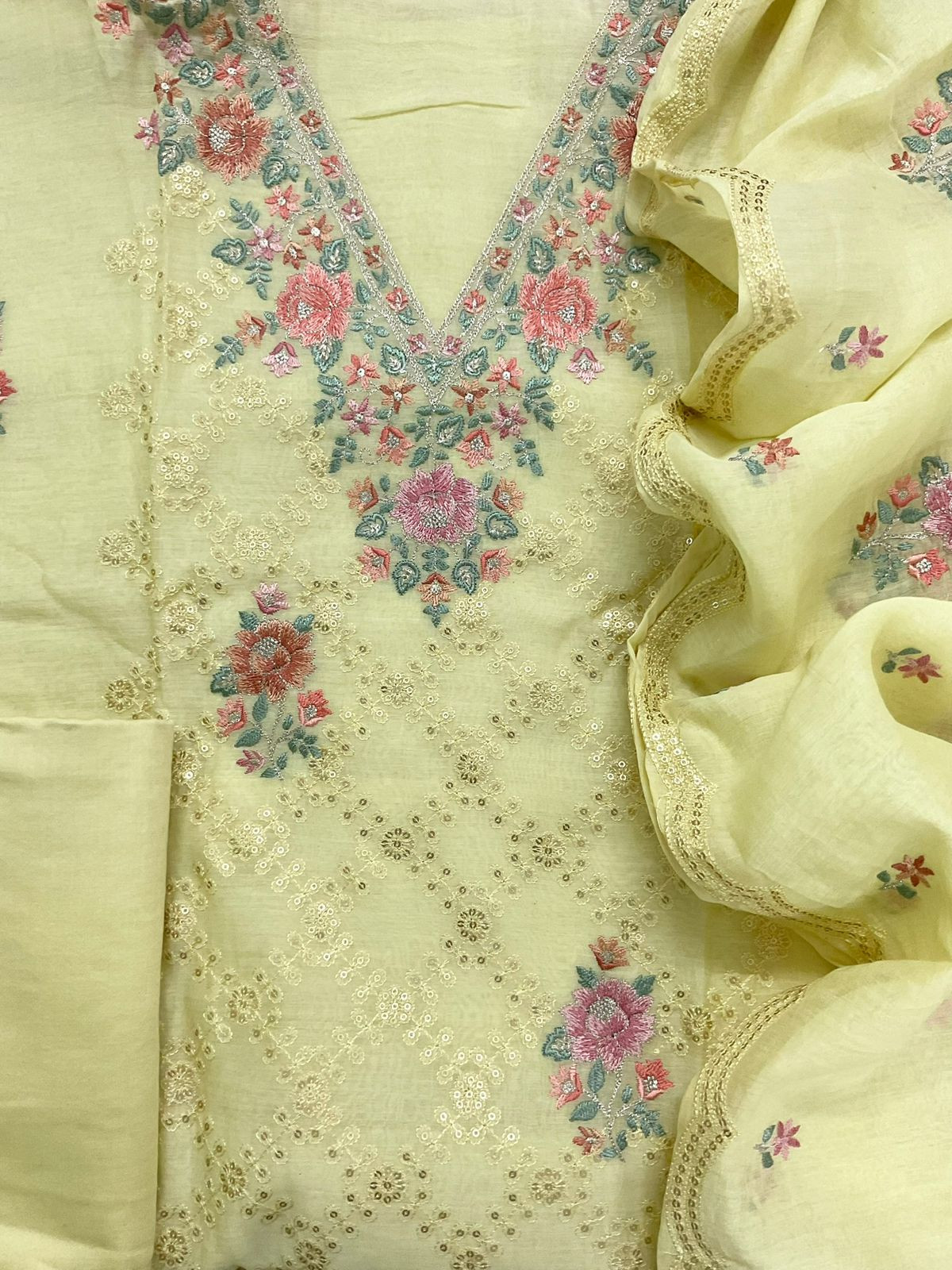 Pure Mul Chanderi Embroidered Suit - Yellow