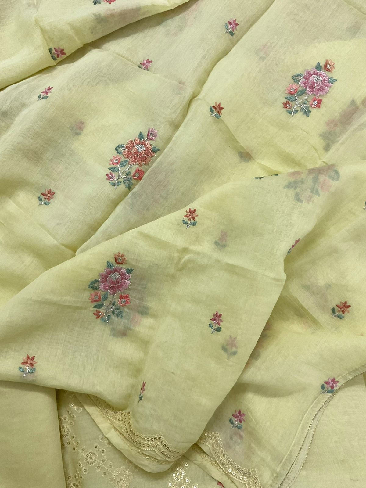 Pure Mul Chanderi Embroidered Suit - Yellow