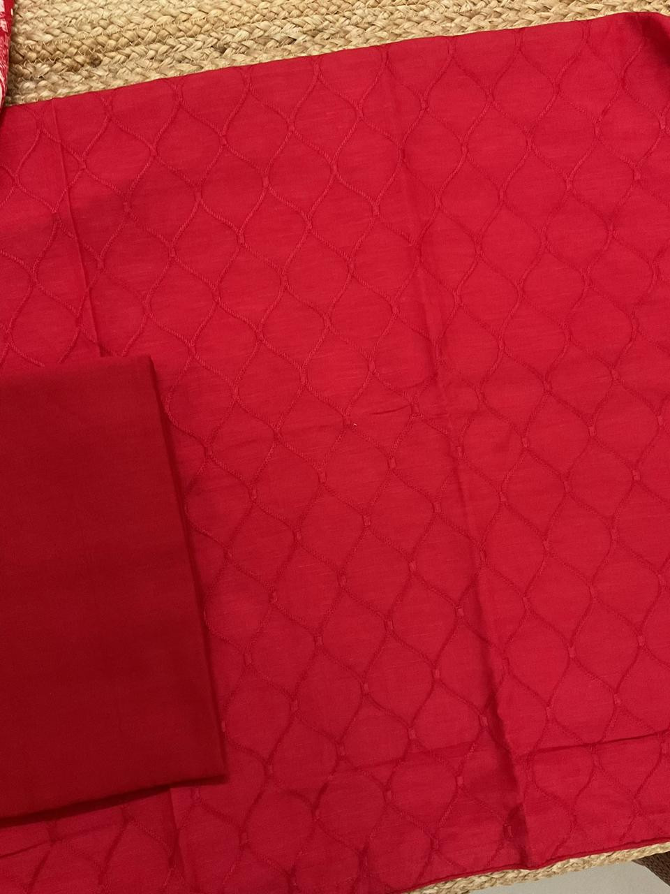 Pure Linen Chanderi Printed Embroidered Suit - Red