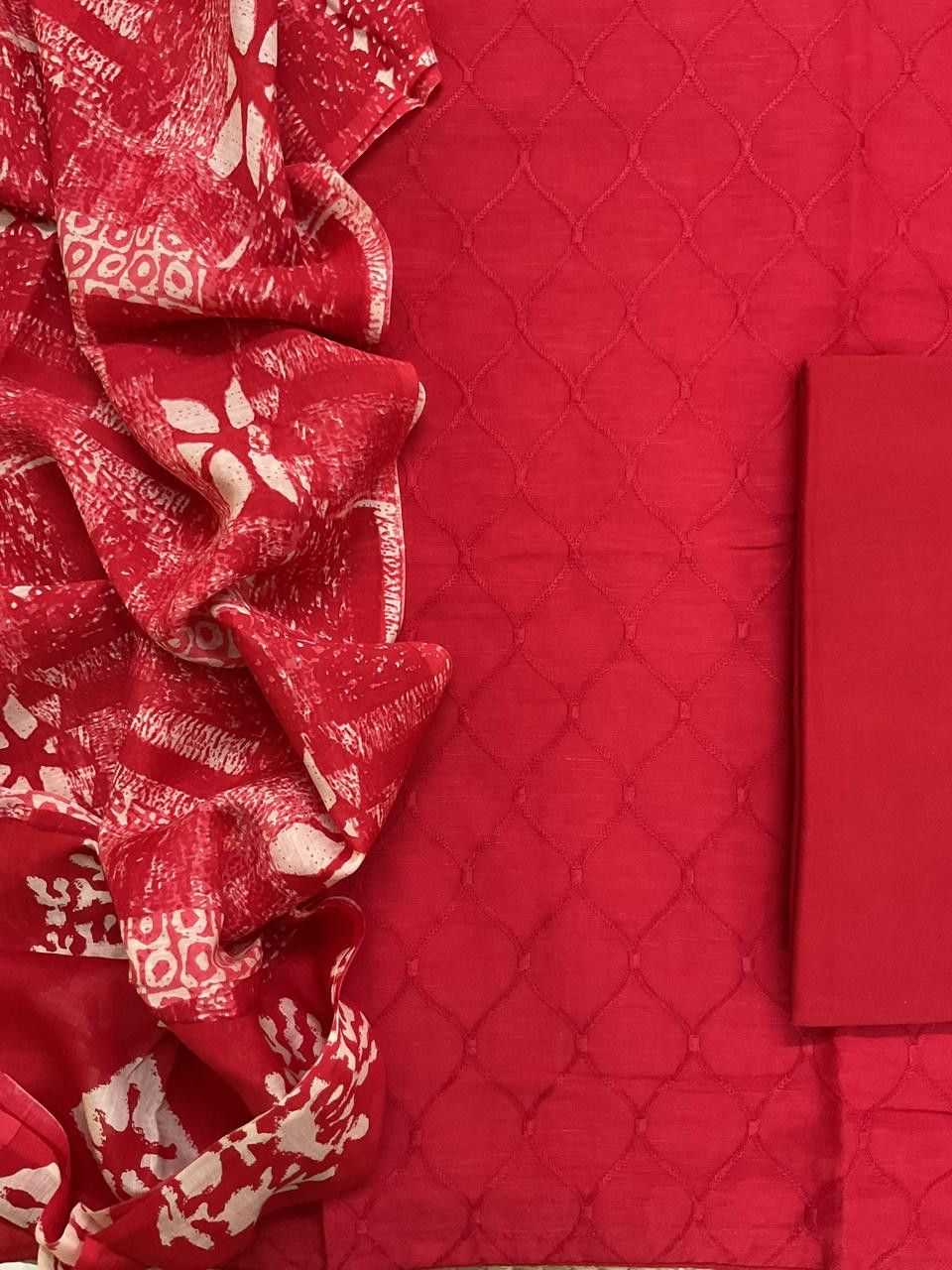 Pure Linen Chanderi Printed Embroidered Suit - Red