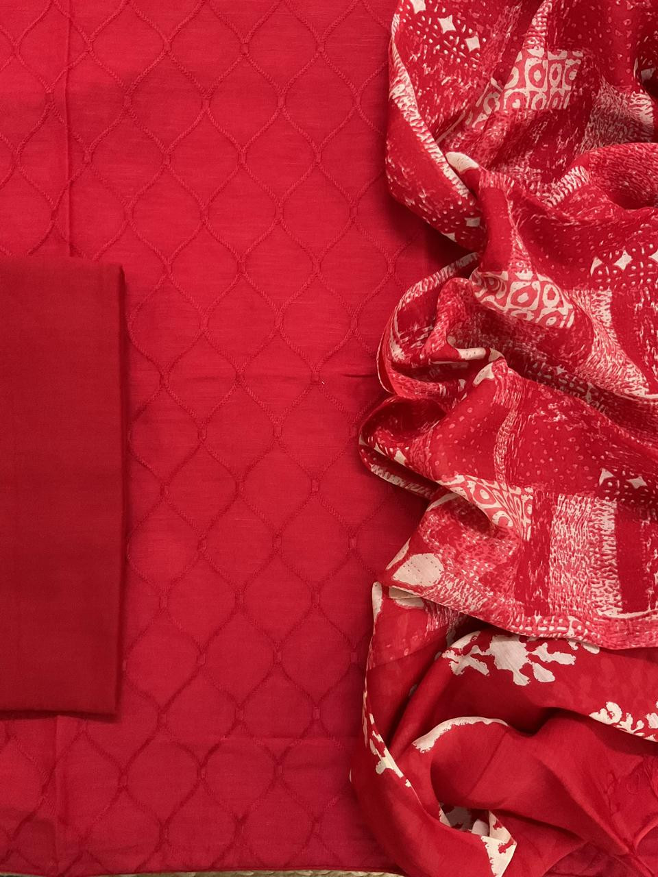 Pure Linen Chanderi Printed Embroidered Suit - Red