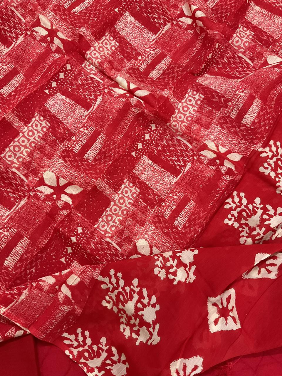 Pure Linen Chanderi Printed Embroidered Suit - Red