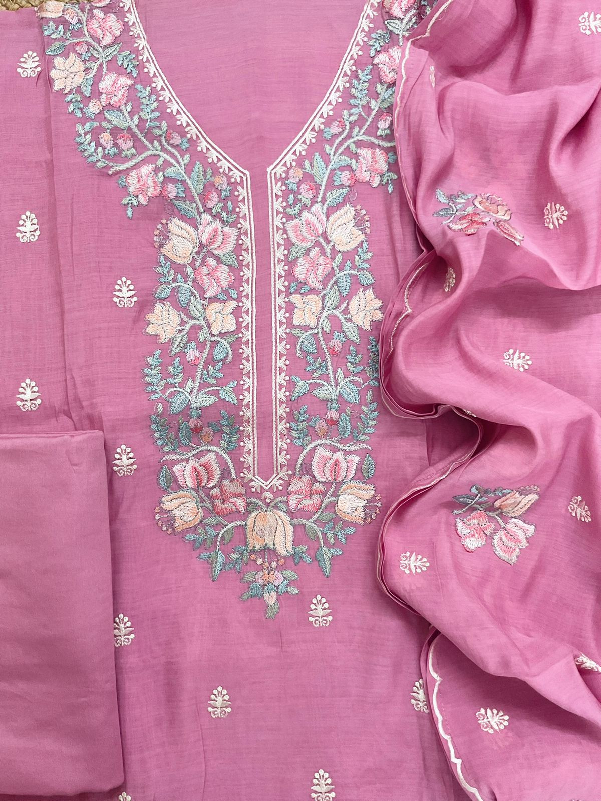 Pure Muslin Embroidered Suit - Pink