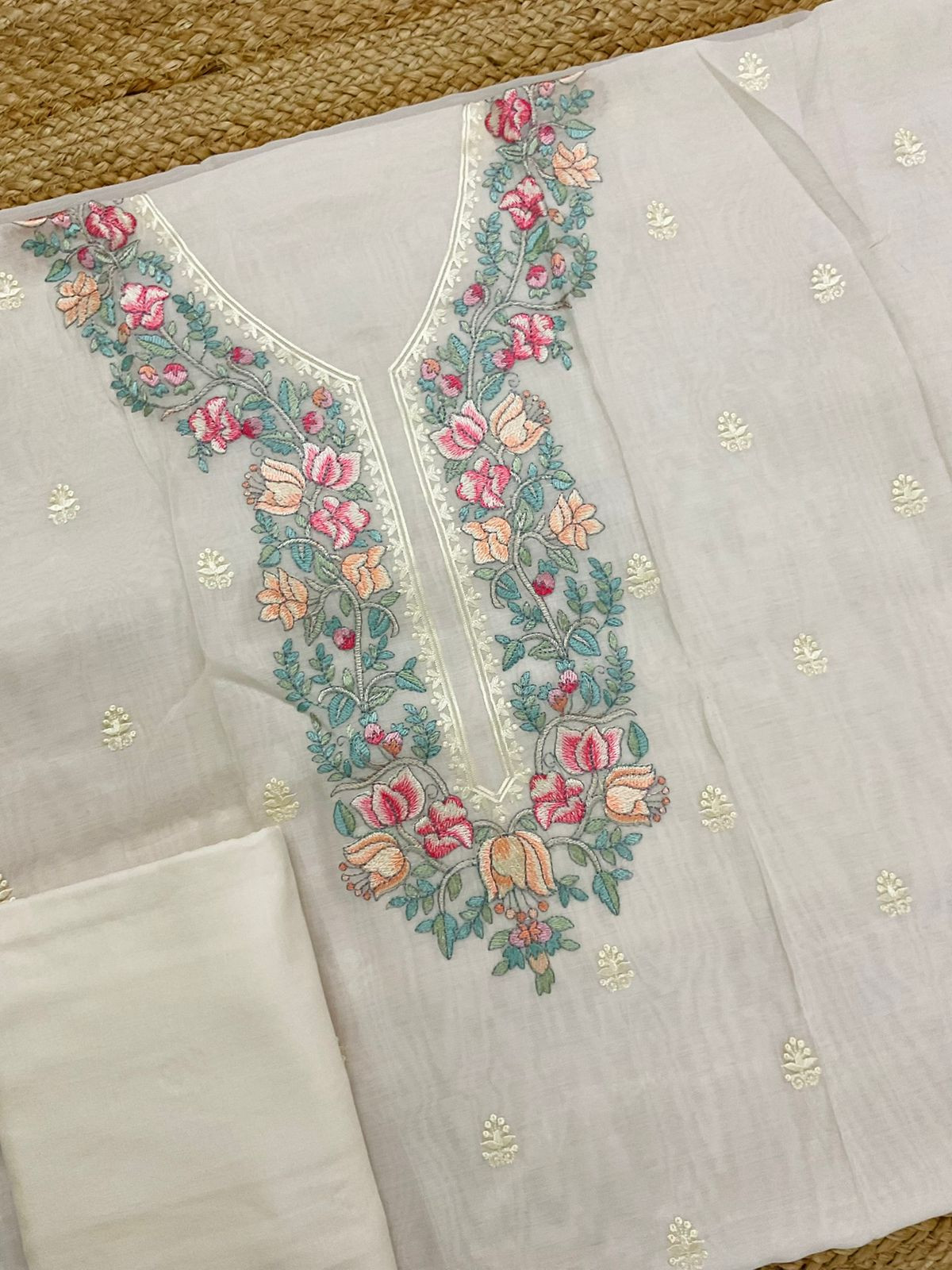 Pure Muslin Embroidered Suit - Cream