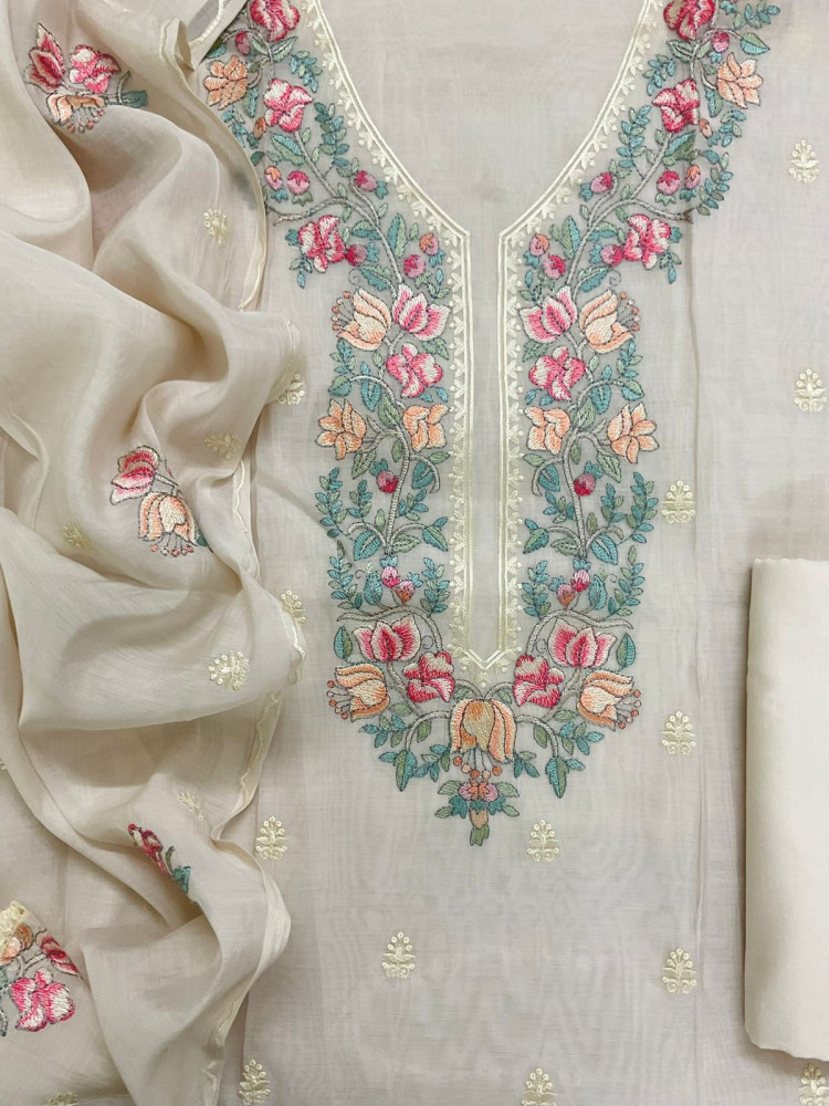 Image of Pure Muslin Embroidered Suit - Cream