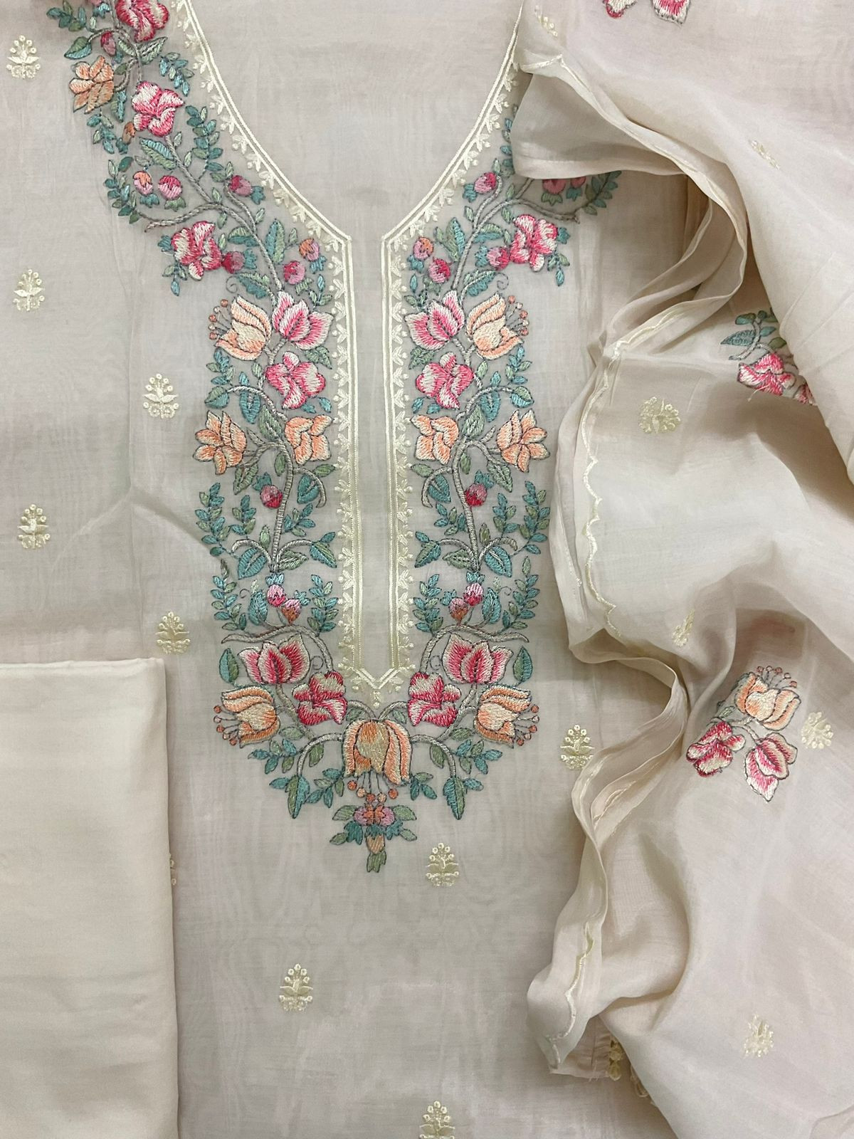 Pure Muslin Embroidered Suit - Cream