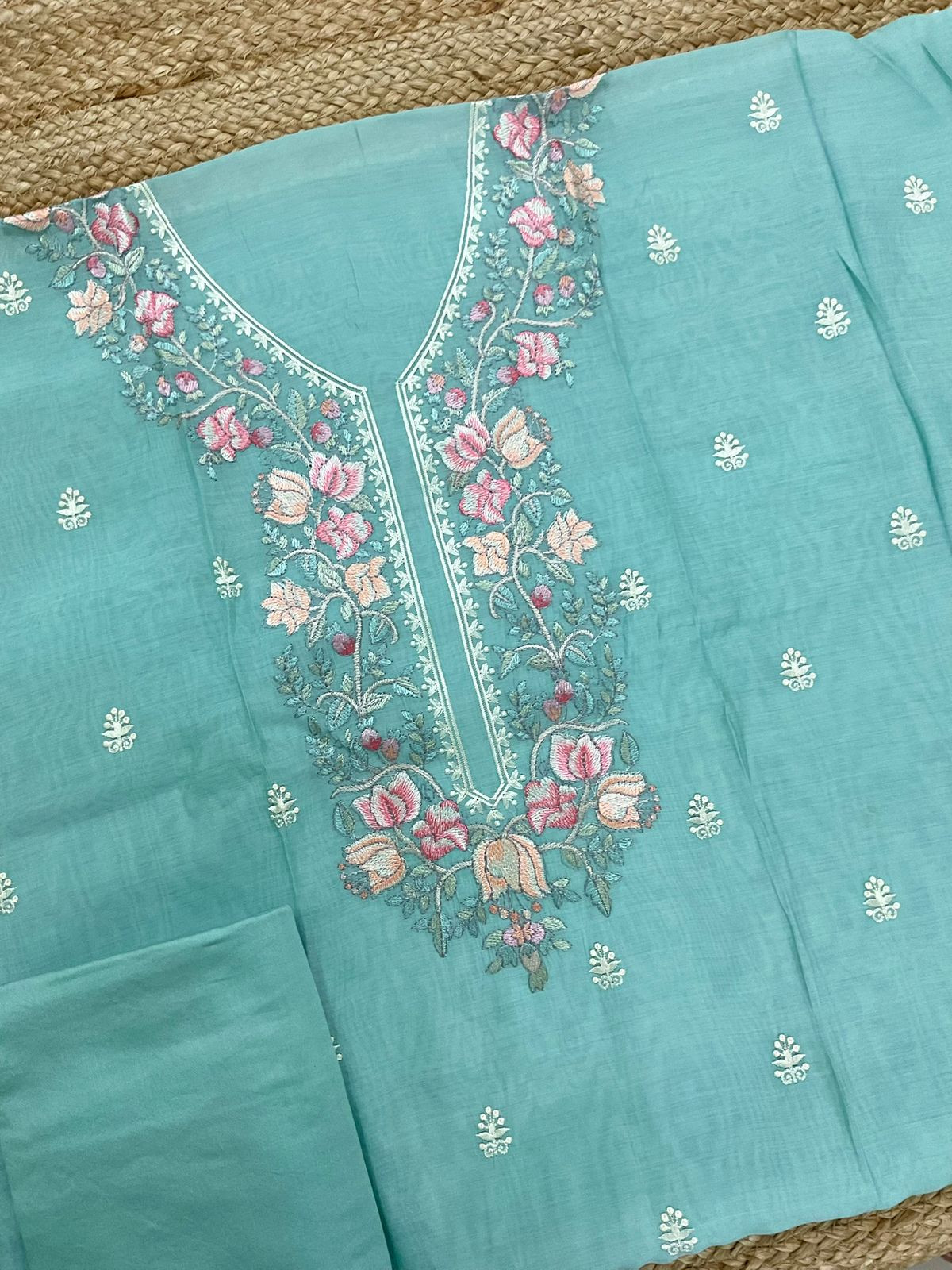Pure Muslin Embroidered Suit - Sea Blue