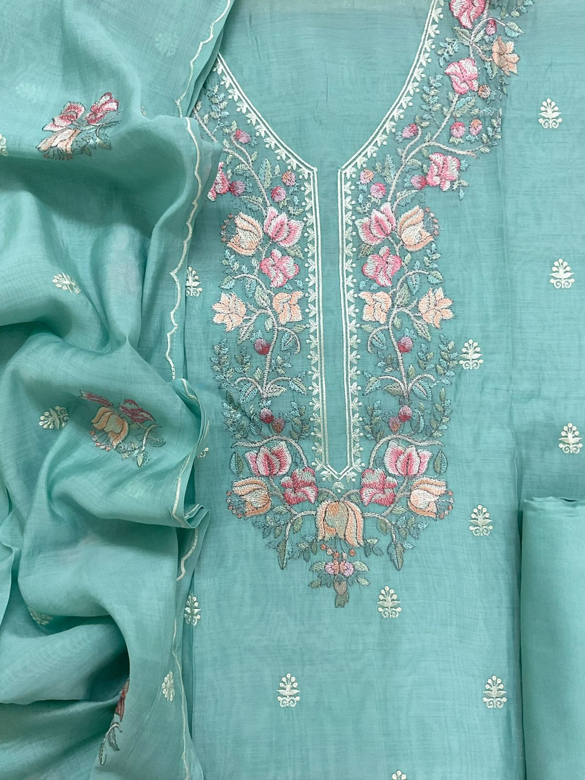 Pure Muslin Embroidered Suit - Sea Blue