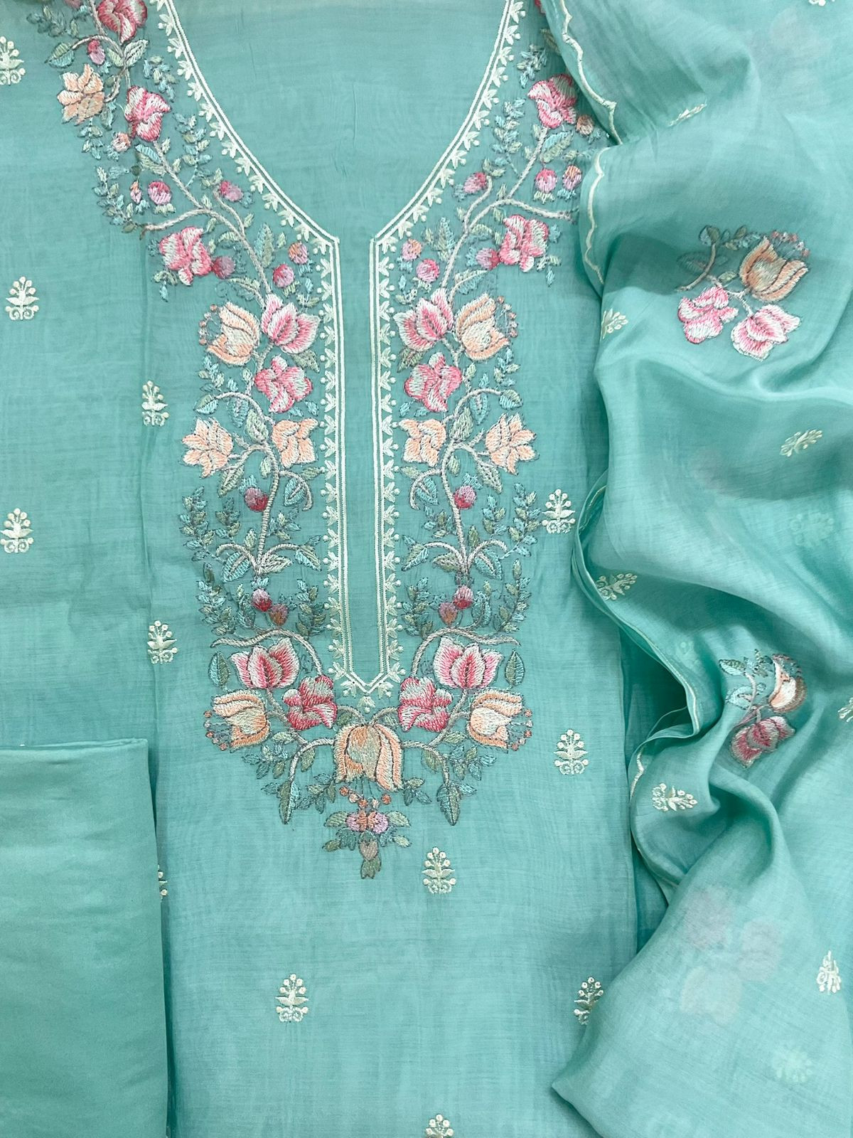 Pure Muslin Embroidered Suit - Sea Blue